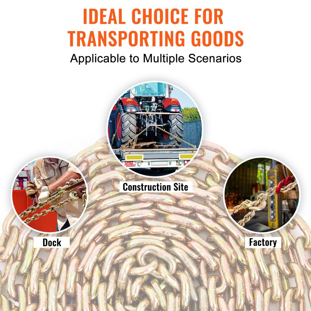 VEVOR Transport Binder Chain, 7100lbs Working Load Limit, 3/8''x20' G80 Tow Chain Tie Down with Grab Hooks, DOT Certified, Galvanized Coating Manganese Steel for Dock Factory Construction Site, 2 Pack 