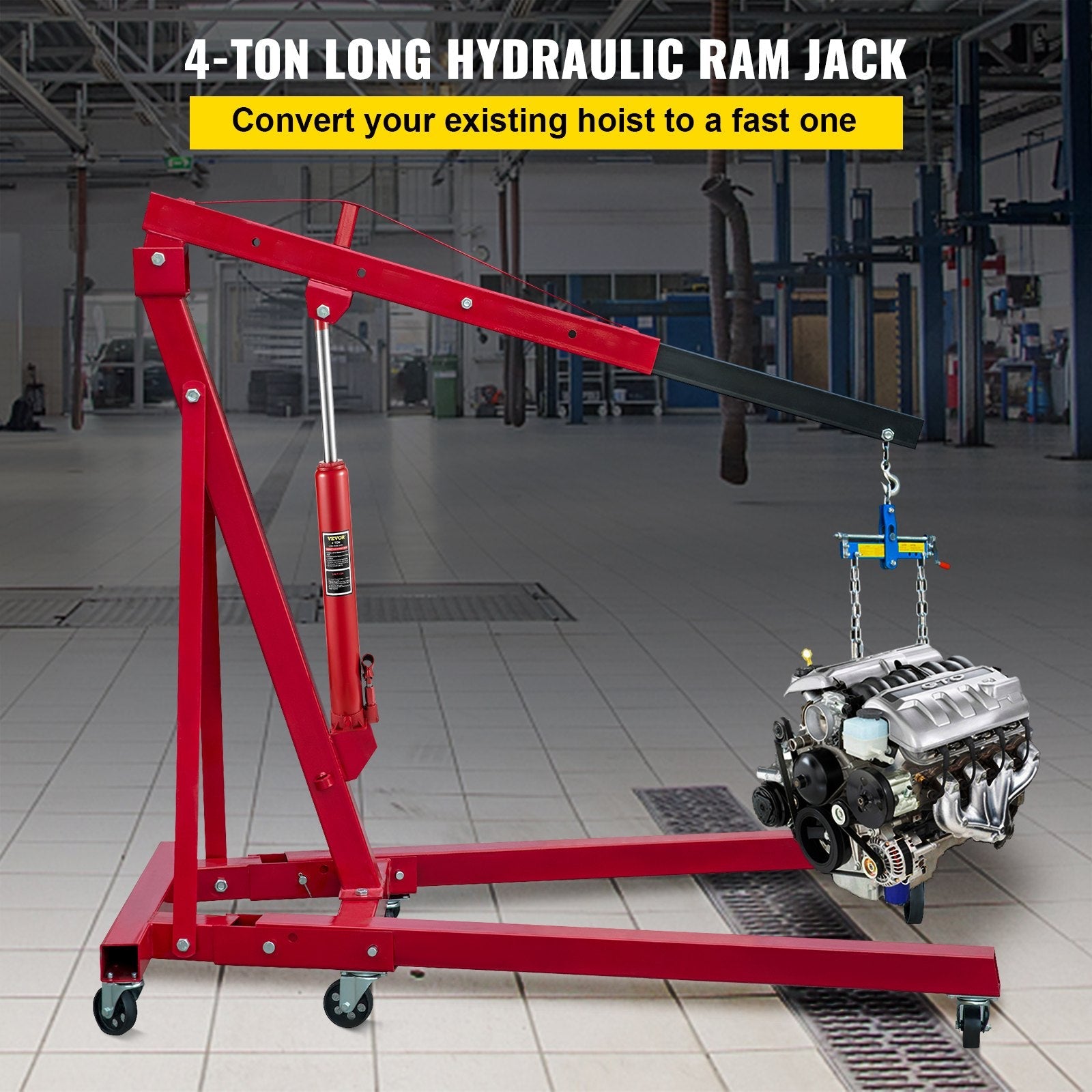 VEVOR Hydraulic Long Ram Jack, 4 Tons/8818 lbs Capacity, with Single Piston Pump and Flat Base, Manual Cherry Picker w/Handle, for Garage/Shop Cranes, Engine Lift Hoist, Red 