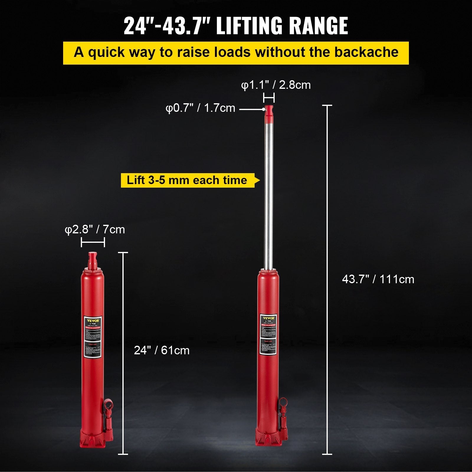 VEVOR Hydraulic Long Ram Jack, 4 Tons/8818 lbs Capacity, with Single Piston Pump and Flat Base, Manual Cherry Picker w/Handle, for Garage/Shop Cranes, Engine Lift Hoist, Red 