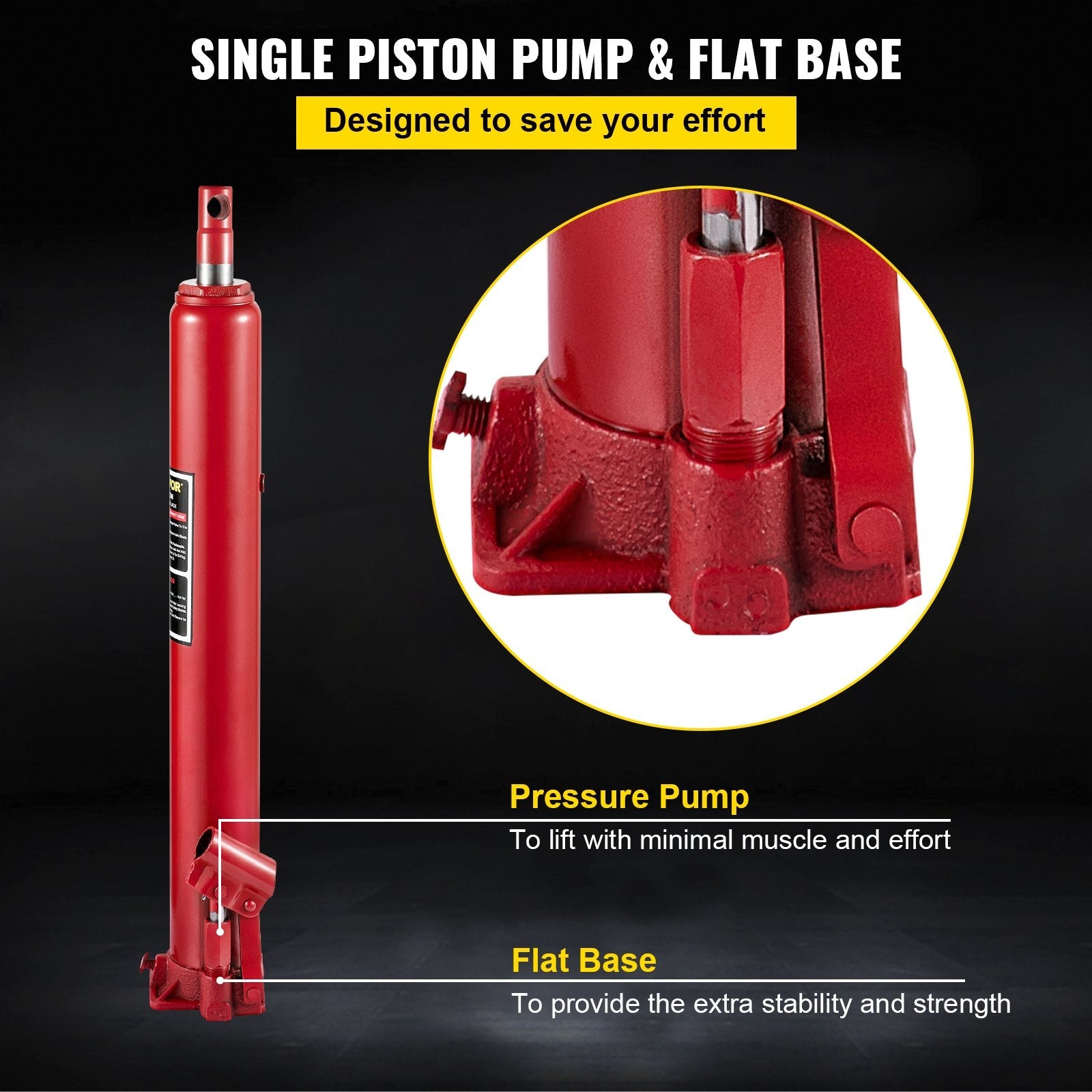 VEVOR Hydraulic Long Ram Jack, 4 Tons/8818 lbs Capacity, with Single Piston Pump and Flat Base, Manual Cherry Picker w/Handle, for Garage/Shop Cranes, Engine Lift Hoist, Red 
