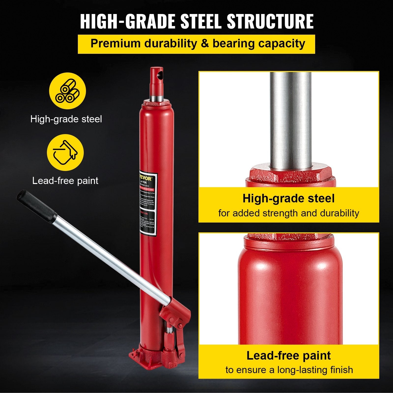 VEVOR Hydraulic Long Ram Jack, 4 Tons/8818 lbs Capacity, with Single Piston Pump and Flat Base, Manual Cherry Picker w/Handle, for Garage/Shop Cranes, Engine Lift Hoist, Red 