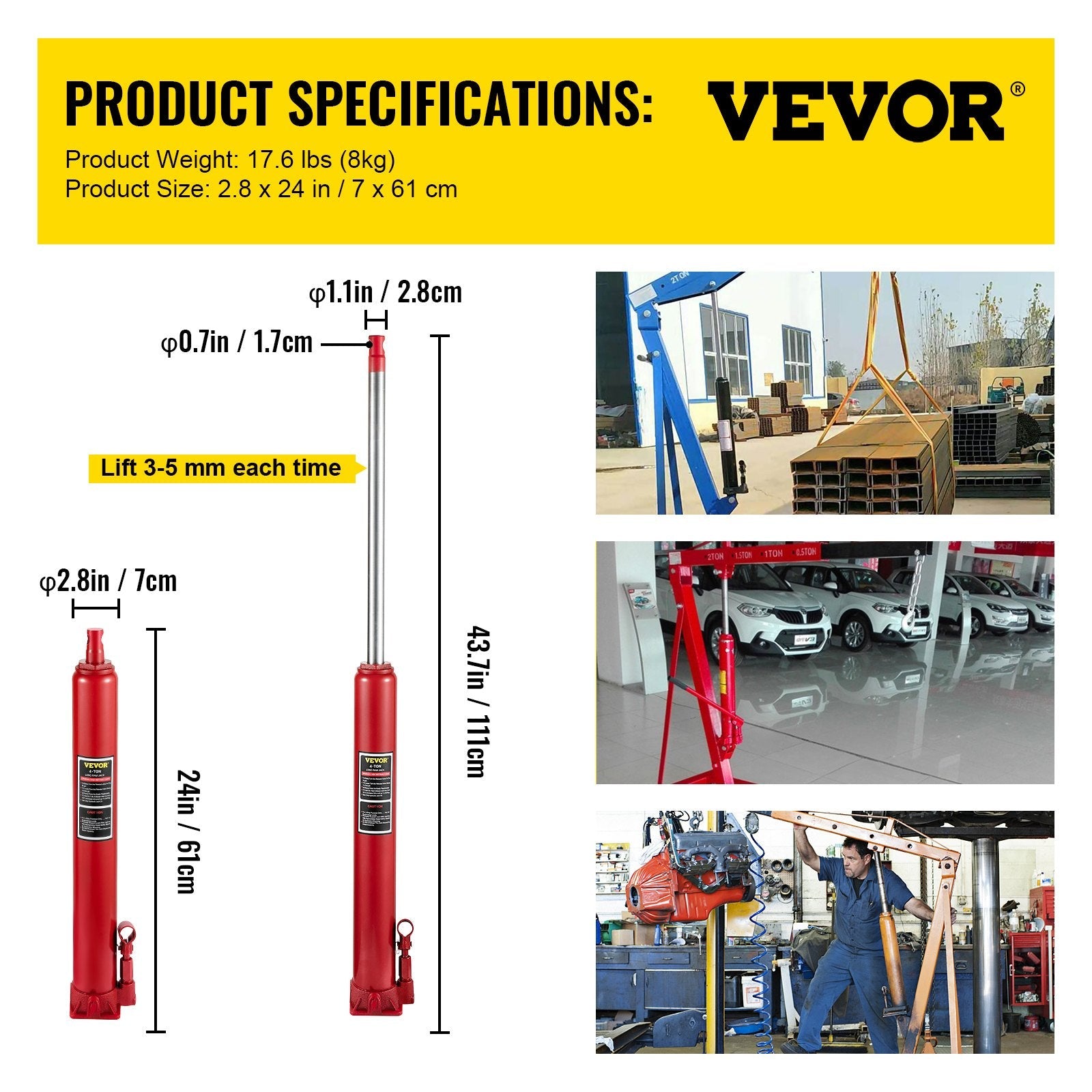 VEVOR Hydraulic Long Ram Jack, 4 Tons/8818 lbs Capacity, with Single Piston Pump and Flat Base, Manual Cherry Picker w/Handle, for Garage/Shop Cranes, Engine Lift Hoist, Red 