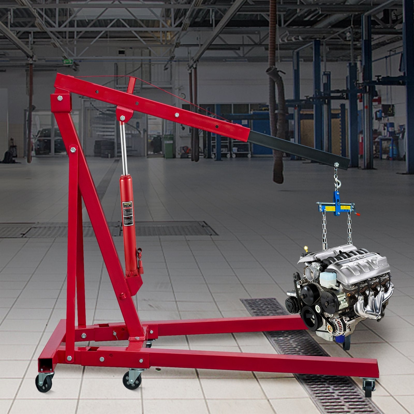 VEVOR Hydraulic Long Ram Jack, 4 Tons/8818 lbs Capacity, with Single Piston Pump and Flat Base, Manual Cherry Picker w/Handle, for Garage/Shop Cranes, Engine Lift Hoist, Red 