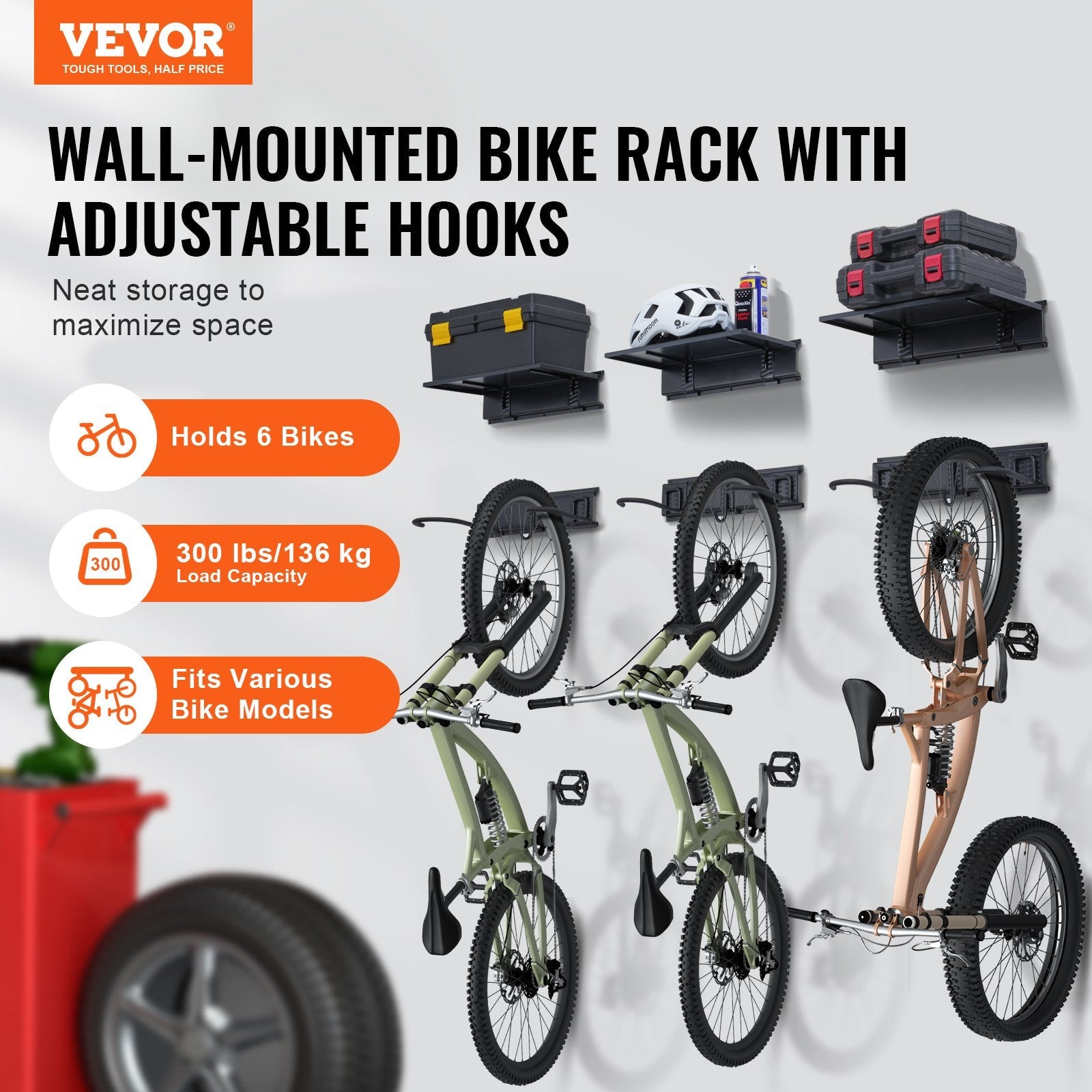 VEVOR Bike Storage Rack Wall Mount Garage Bike Holder & 3 Shelves for 6 Bicycles 