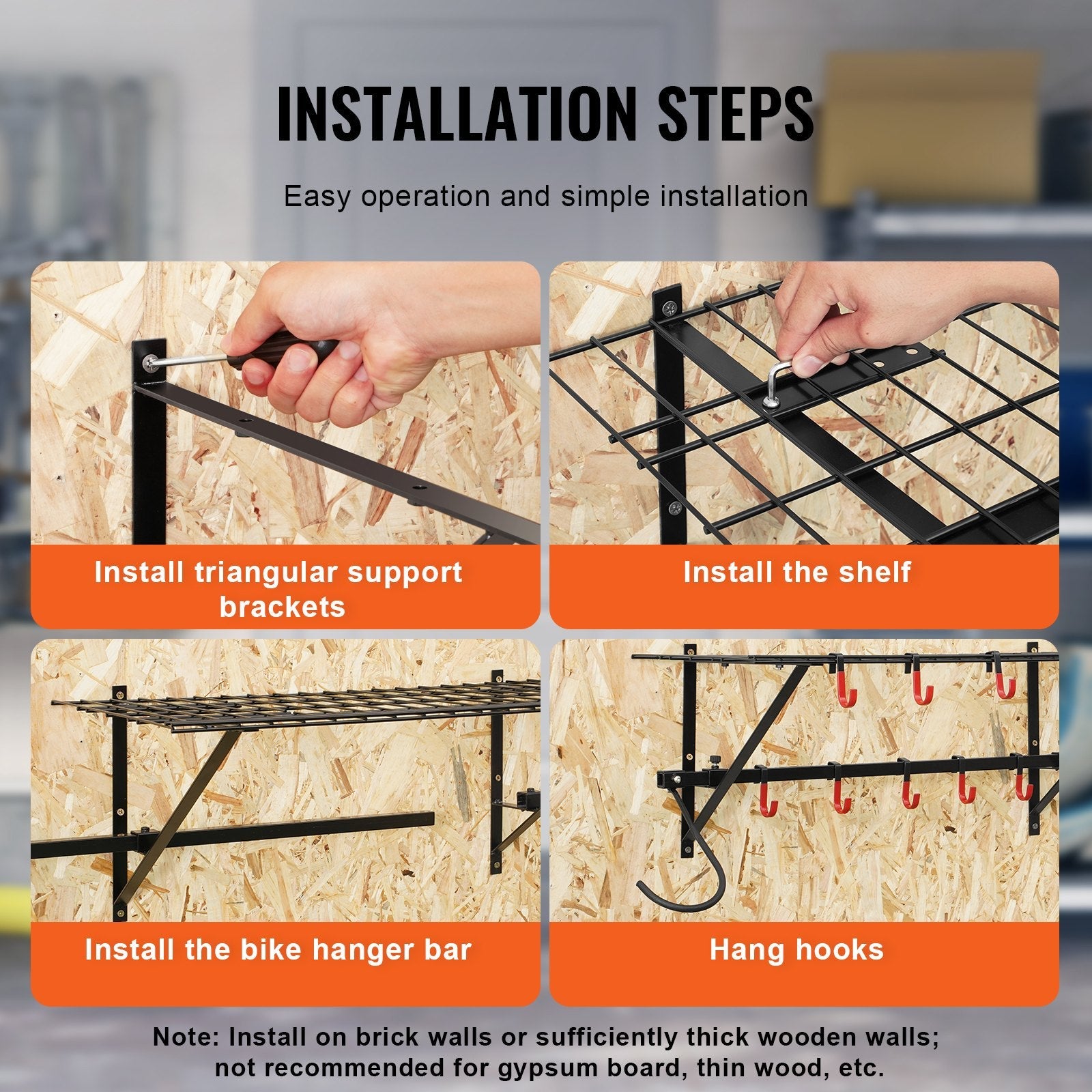 VEVOR Bike Storage Rack Wall Mount Garage Bike Holder & 2 Shelves for 4 Bicycles 