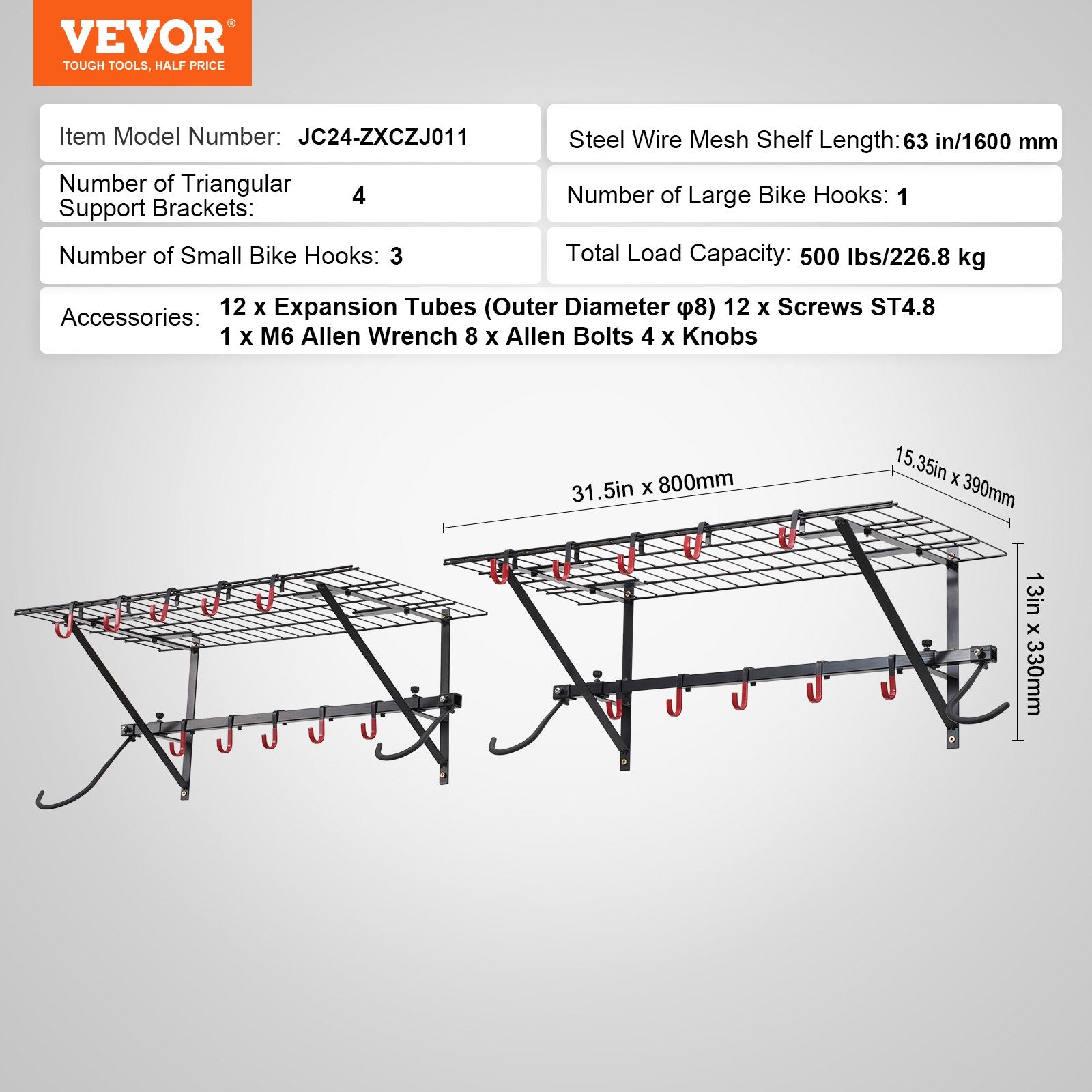VEVOR Bike Storage Rack Wall Mount Garage Bike Holder & 2 Shelves for 4 Bicycles 