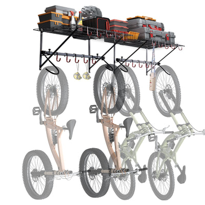 VEVOR Bike Storage Rack Wall Mount Garage Bike Holder & 2 Shelves for 4 Bicycles 