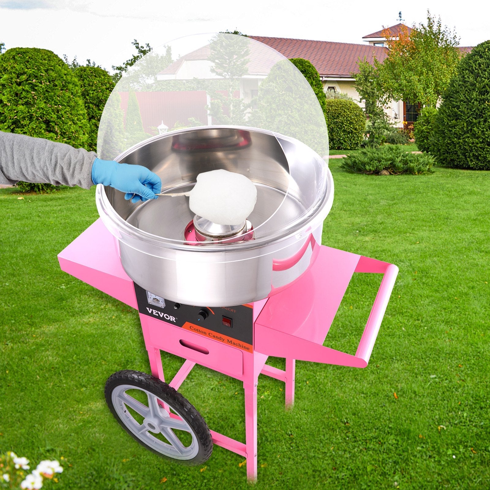 VEVOR Electric Cotton Candy Machine Cart with Bubble Cover Shield, 1000W Commercial Floss Maker with Stainless Steel Bowl, Sugar Scoop and Drawer, Perfect for Home, Kids Birthday, Family Party, Pink 