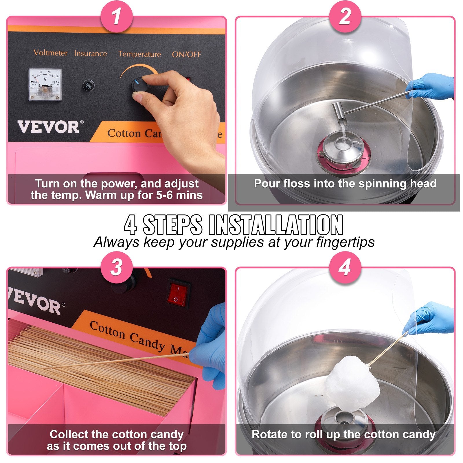 VEVOR Electric Cotton Candy Machine, 1000W Candy Floss Maker, Commercial Cotton Candy Machine with Stainless Steel Bowl, Sugar Scoop, and Cover, Perfect for Home Kids Birthday, Family Party Pink 