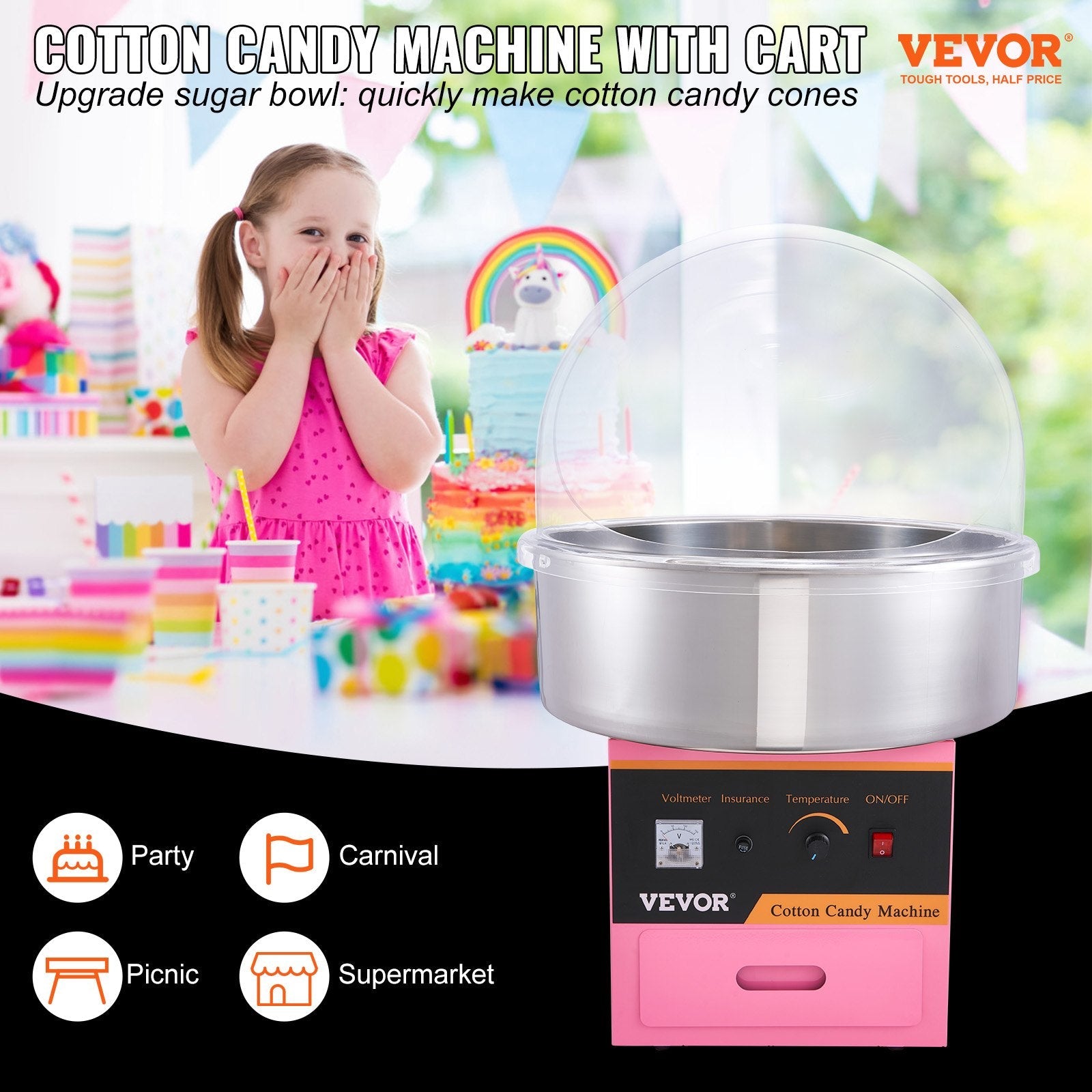 VEVOR Electric Cotton Candy Machine, 1000W Candy Floss Maker, Commercial Cotton Candy Machine with Stainless Steel Bowl, Sugar Scoop, and Cover, Perfect for Home Kids Birthday, Family Party Pink 