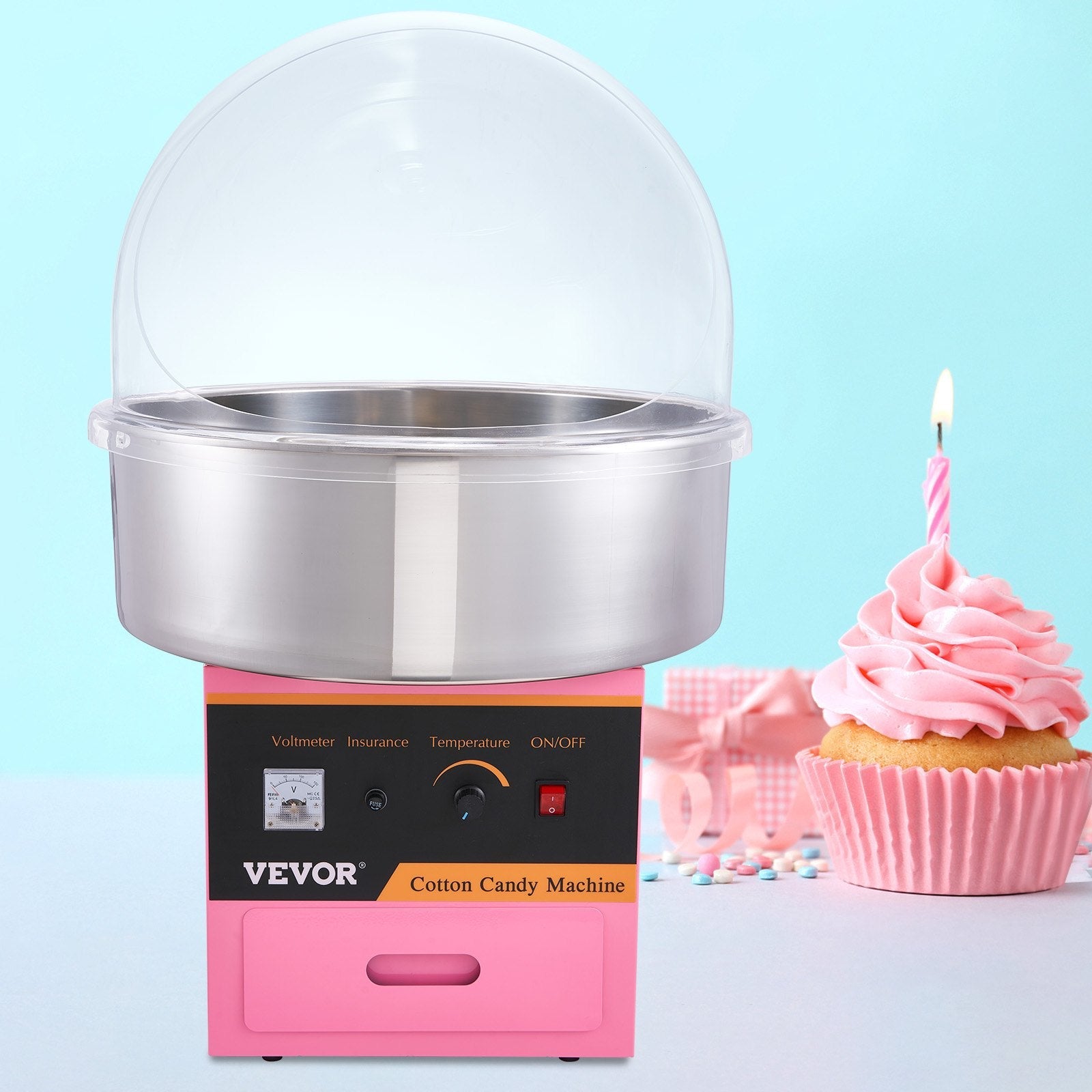 VEVOR Electric Cotton Candy Machine, 1000W Candy Floss Maker, Commercial Cotton Candy Machine with Stainless Steel Bowl, Sugar Scoop, and Cover, Perfect for Home Kids Birthday, Family Party Pink 