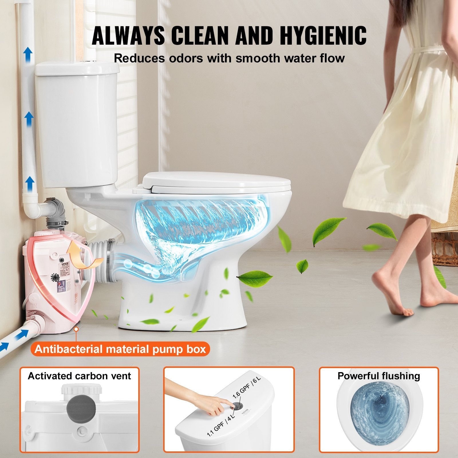 VEVOR Macerating Toilet System with 500W Pump Upflush Toilet For Basement 