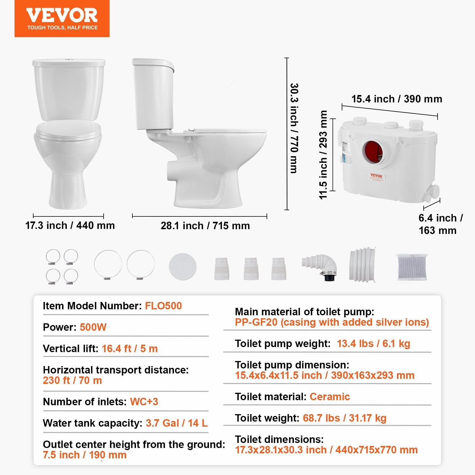 VEVOR Macerating Toilet System with 500W Pump Upflush Toilet For Basement 