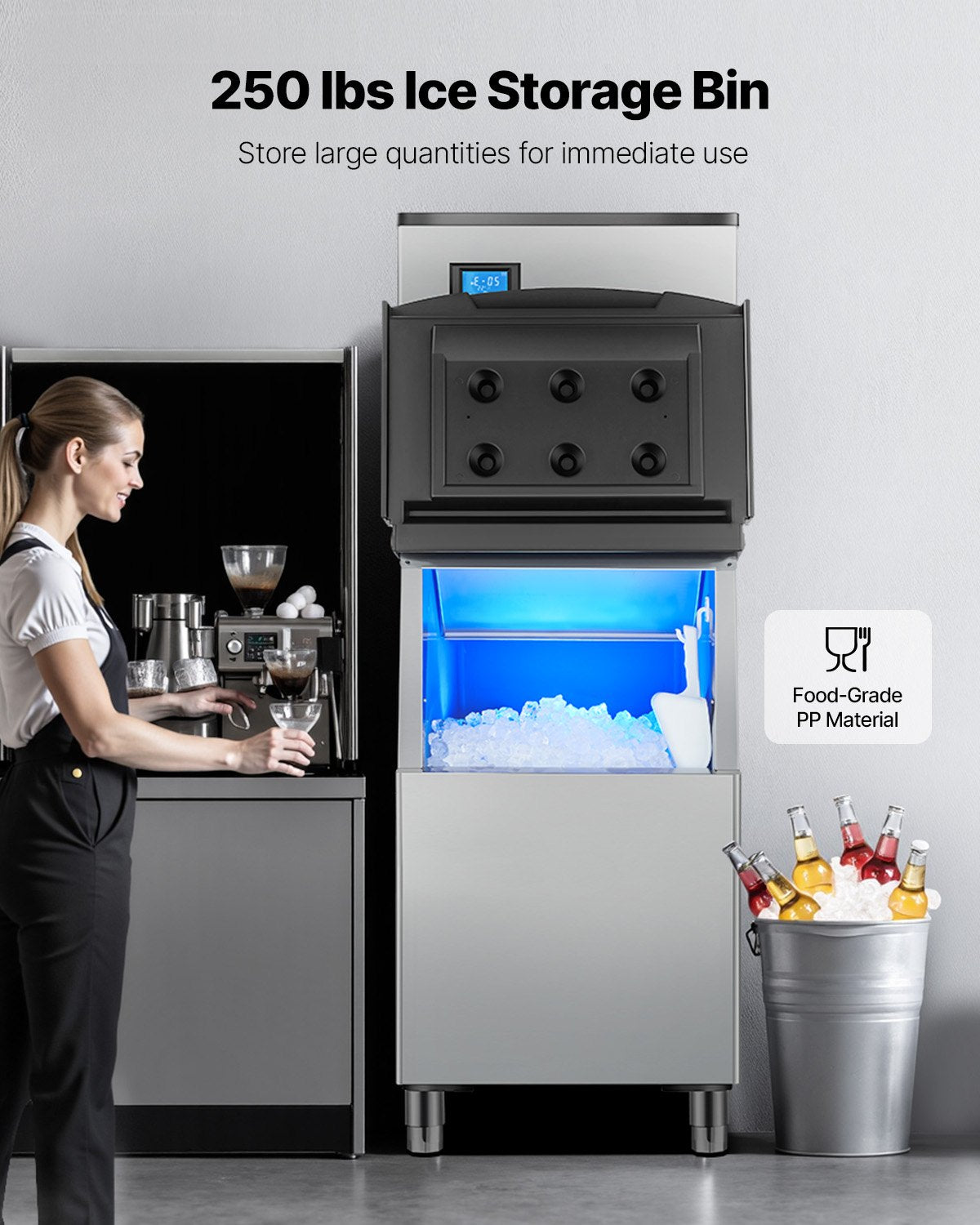 VEVOR Commercial Ice Maker 300LBS/24H & 250LBS Storage Bin Auto Self-Cleaning 