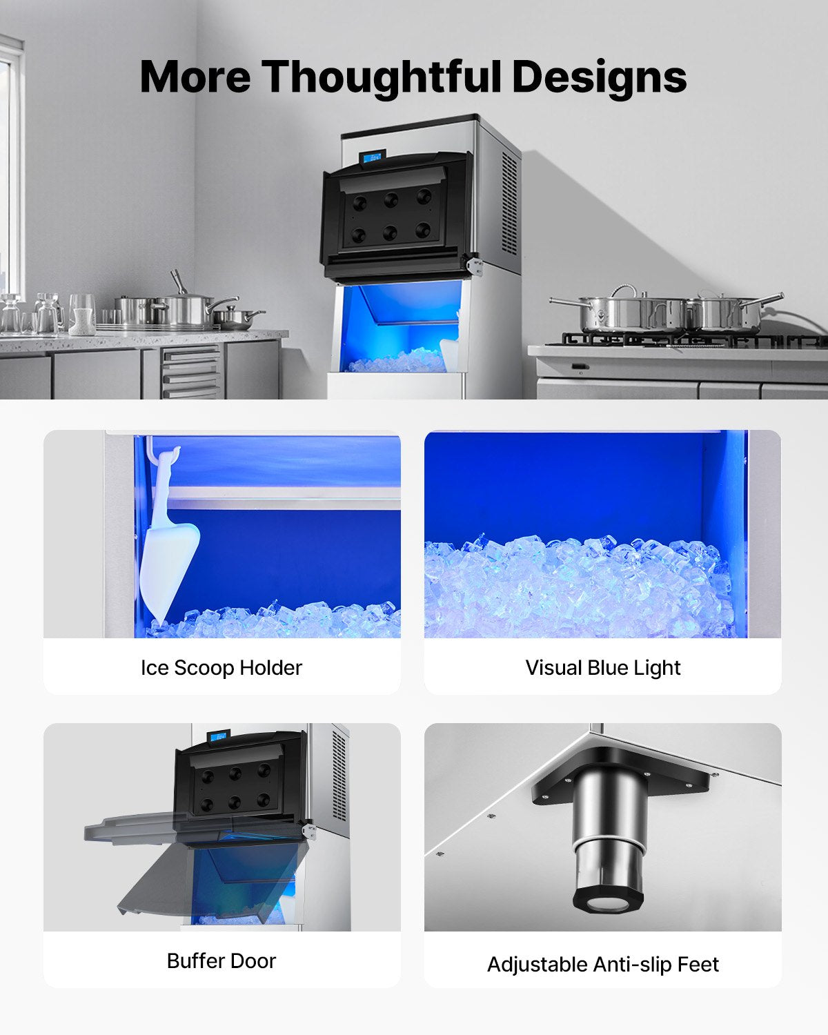 VEVOR Commercial Ice Maker 300LBS/24H & 250LBS Storage Bin Auto Self-Cleaning 