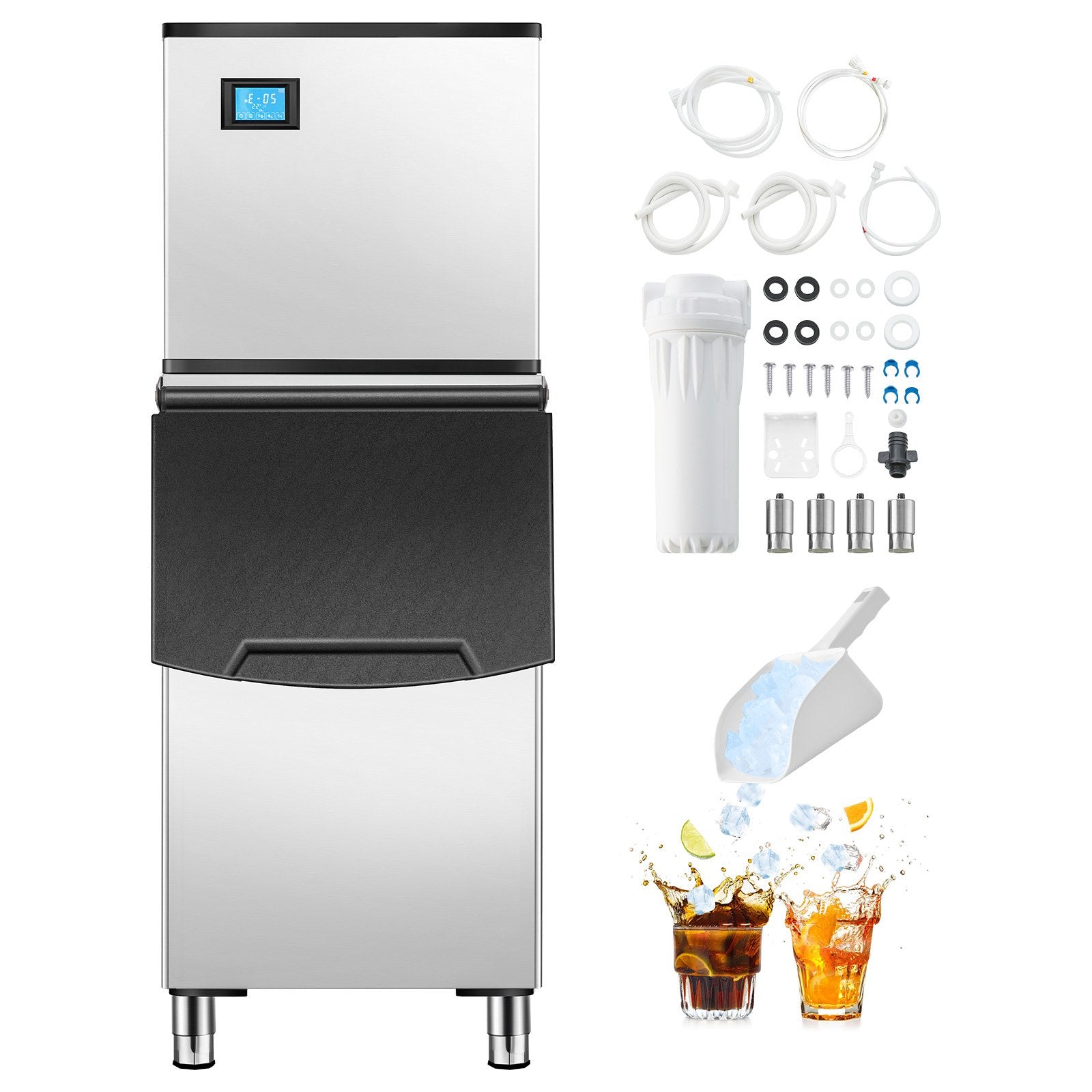 VEVOR Commercial Ice Maker 300LBS/24H & 250LBS Storage Bin Auto Self-Cleaning 