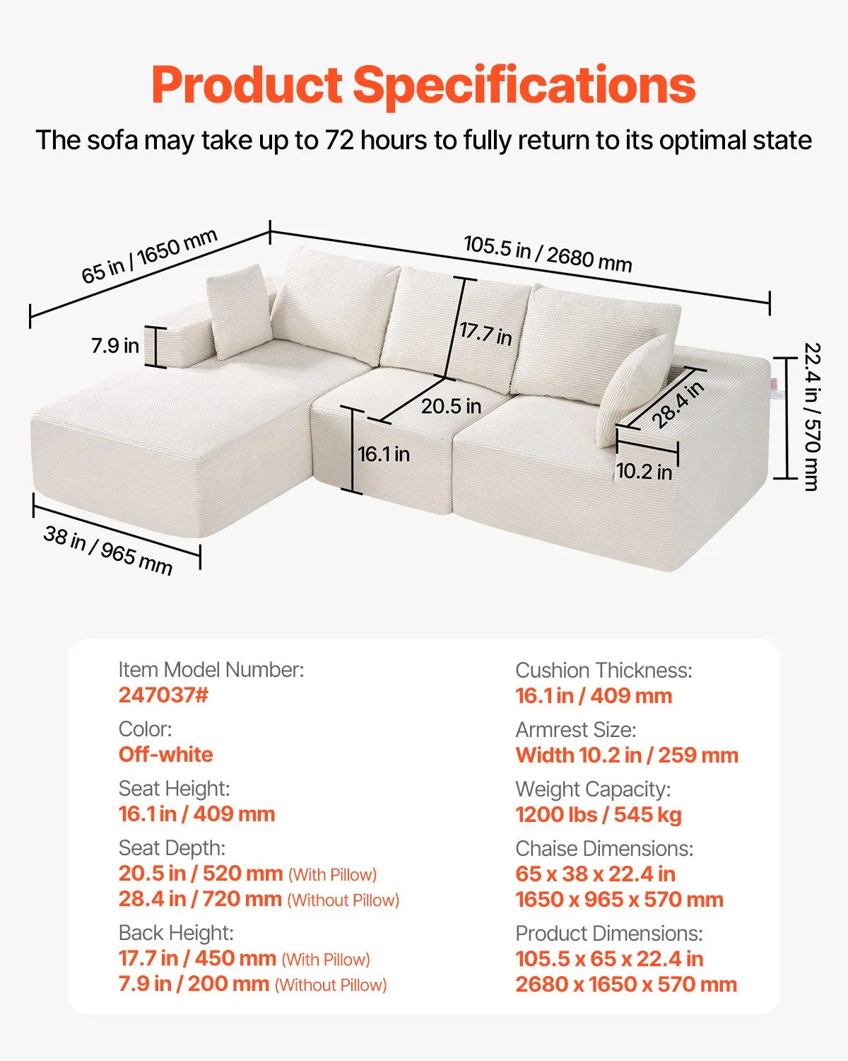 VEVOR Modular Sectional Sofa L Shaped Cloud Couch with Chaise and Cushion Beige