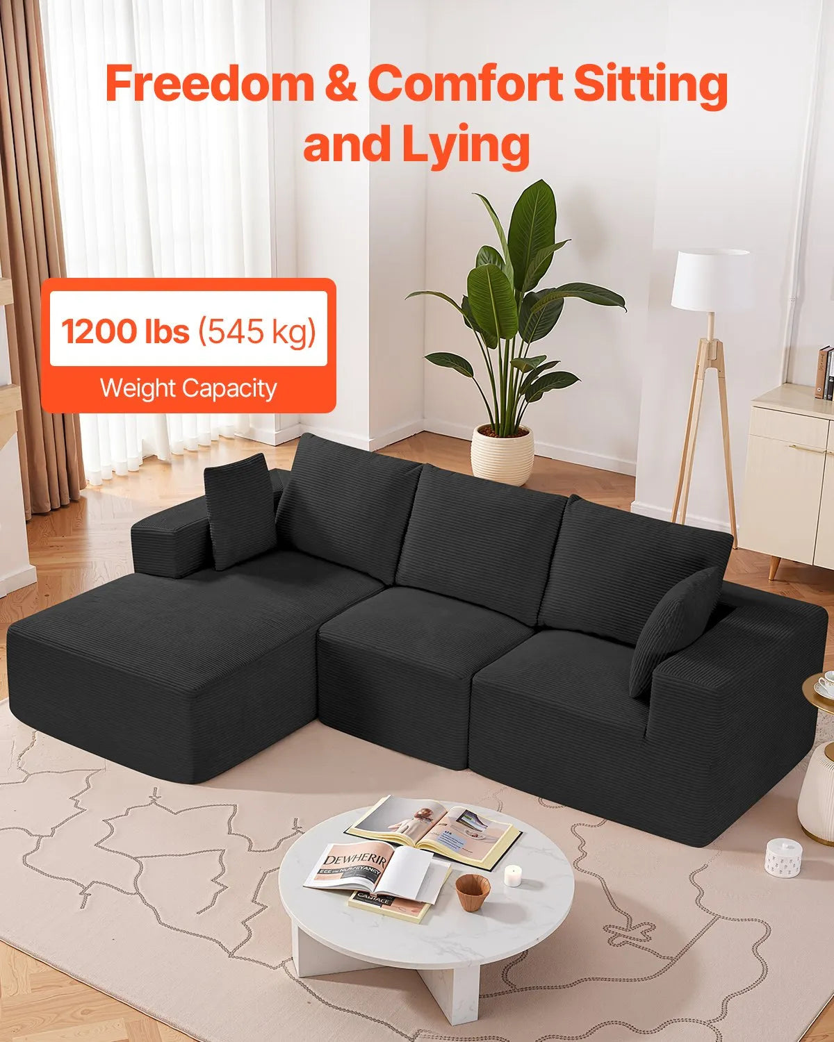 VEVOR Modular Sectional Sofa L Shaped Cloud Couch with Chaise and Cushion Black