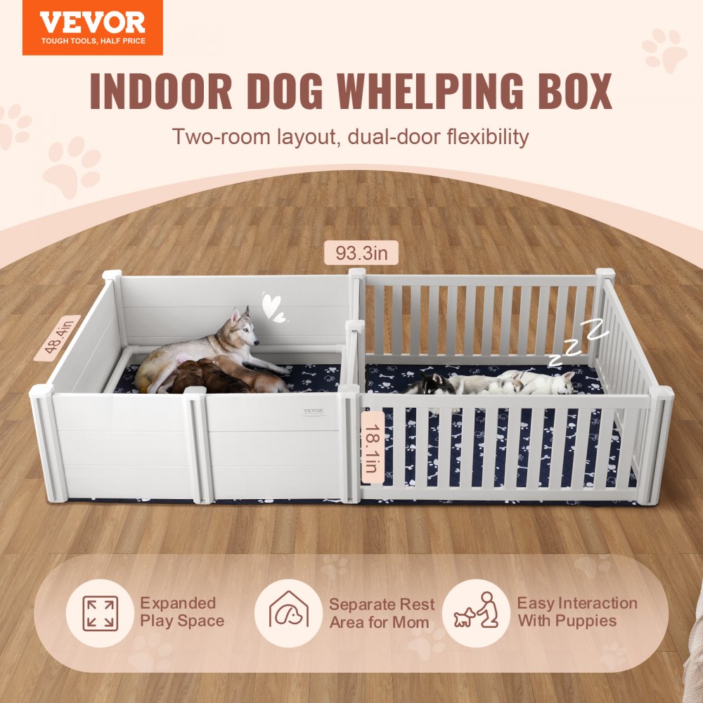 VEVOR Dog Whelping Box 93.3 x 48.4 x 18.1in Dual Zone PVC with Rails Pee Pad 