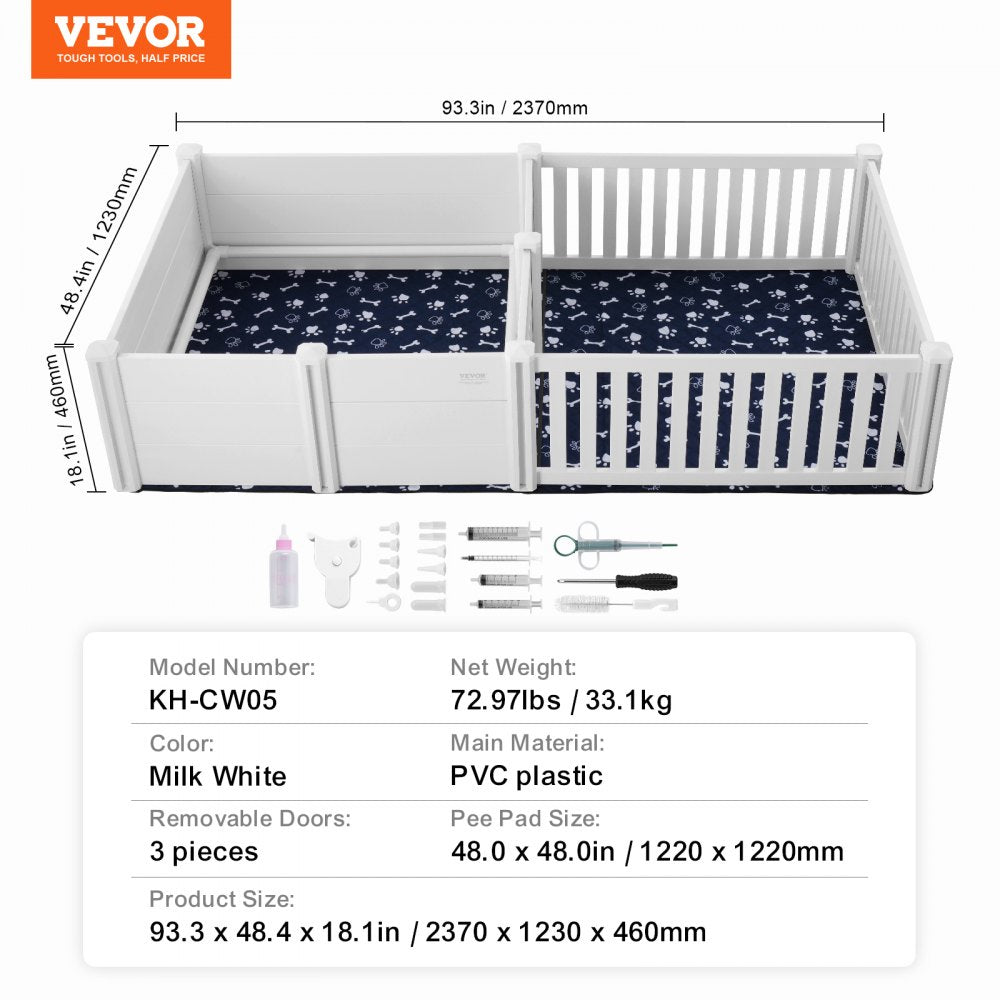 VEVOR Dog Whelping Box 93.3 x 48.4 x 18.1in Dual Zone PVC with Rails Pee Pad 