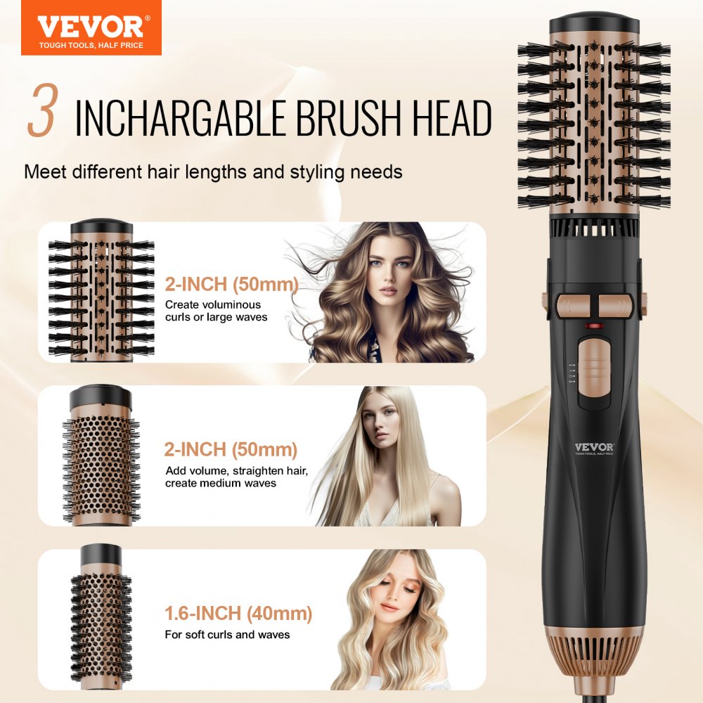 VEVOR Rotating Hair Dryer Brush Hot Air Styling Brush with 3 Interchange Heads 