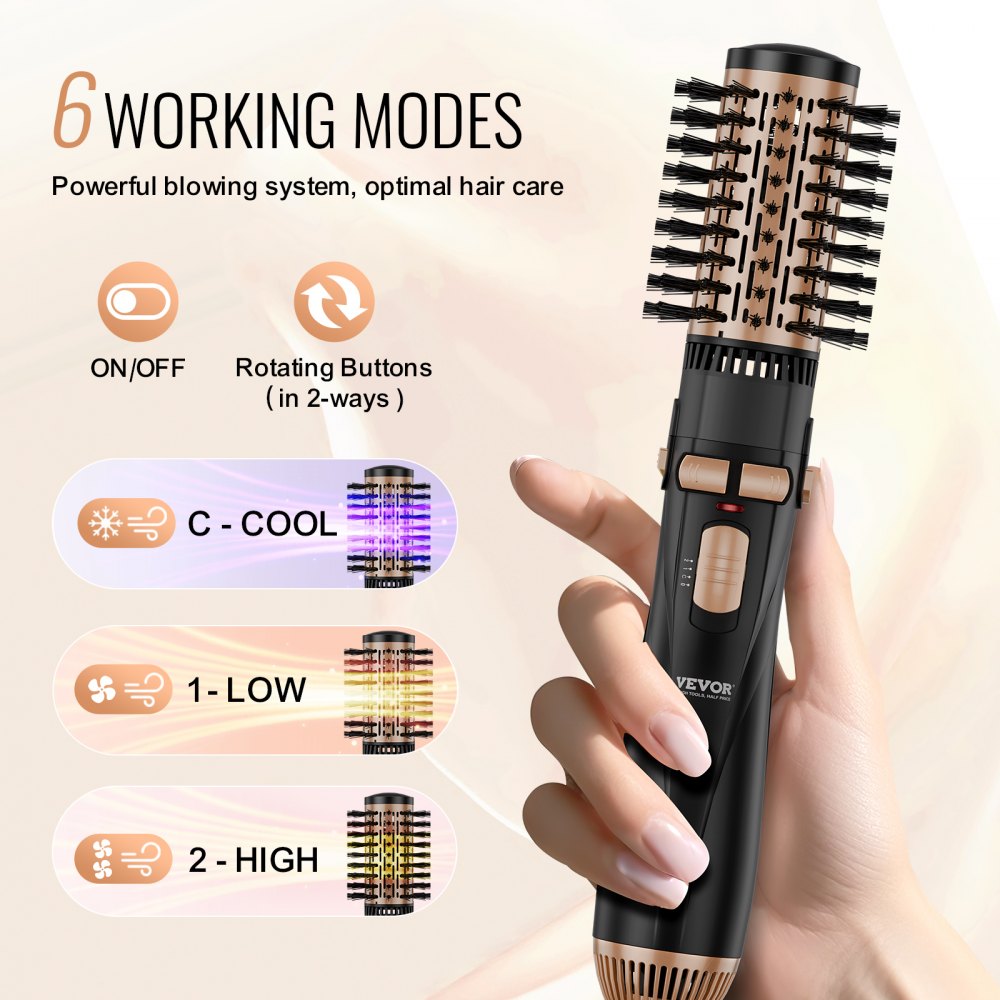 VEVOR Rotating Hair Dryer Brush Hot Air Styling Brush with 3 Interchange Heads 
