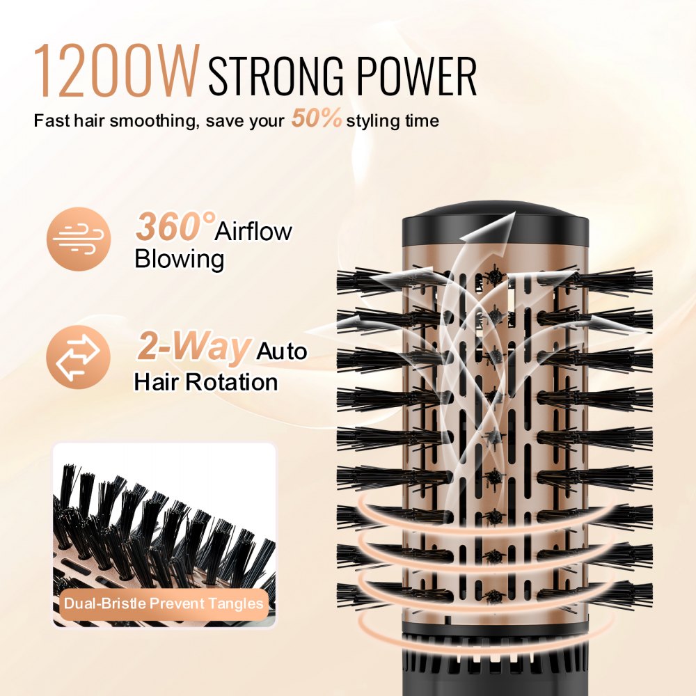 VEVOR Rotating Hair Dryer Brush Hot Air Styling Brush with 3 Interchange Heads 
