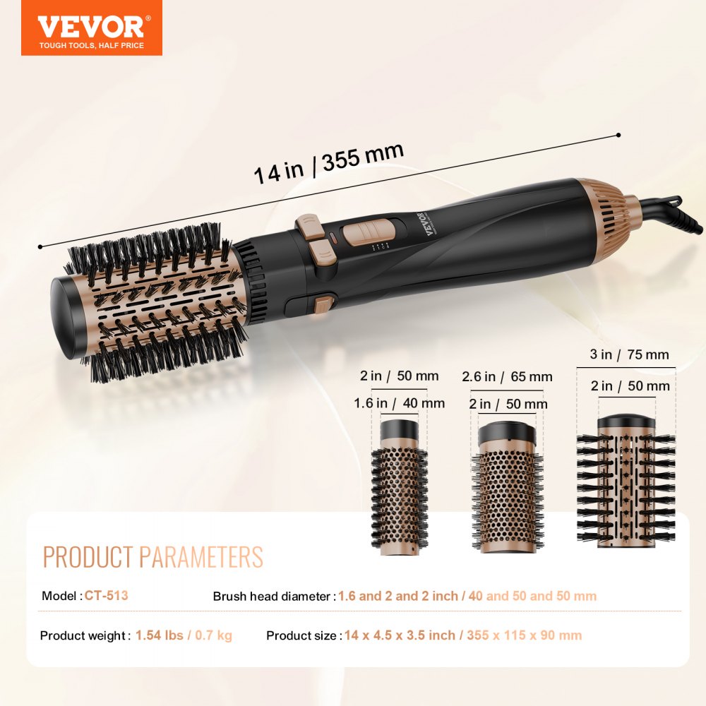 VEVOR Rotating Hair Dryer Brush Hot Air Styling Brush with 3 Interchange Heads 