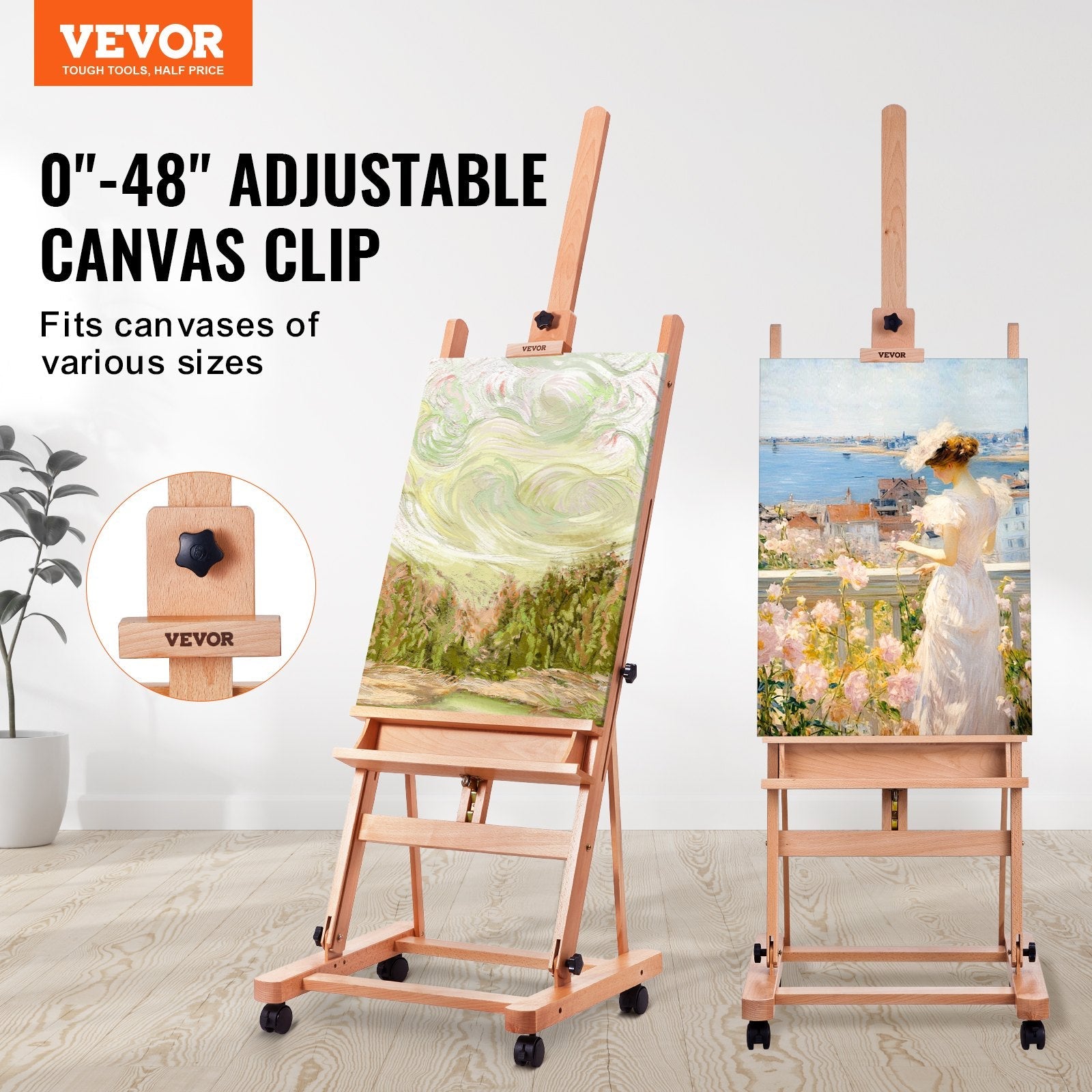 VEVOR Studio H-Frame Easel Holds Canvas Art up to 48" Beechwood Artists Easel 