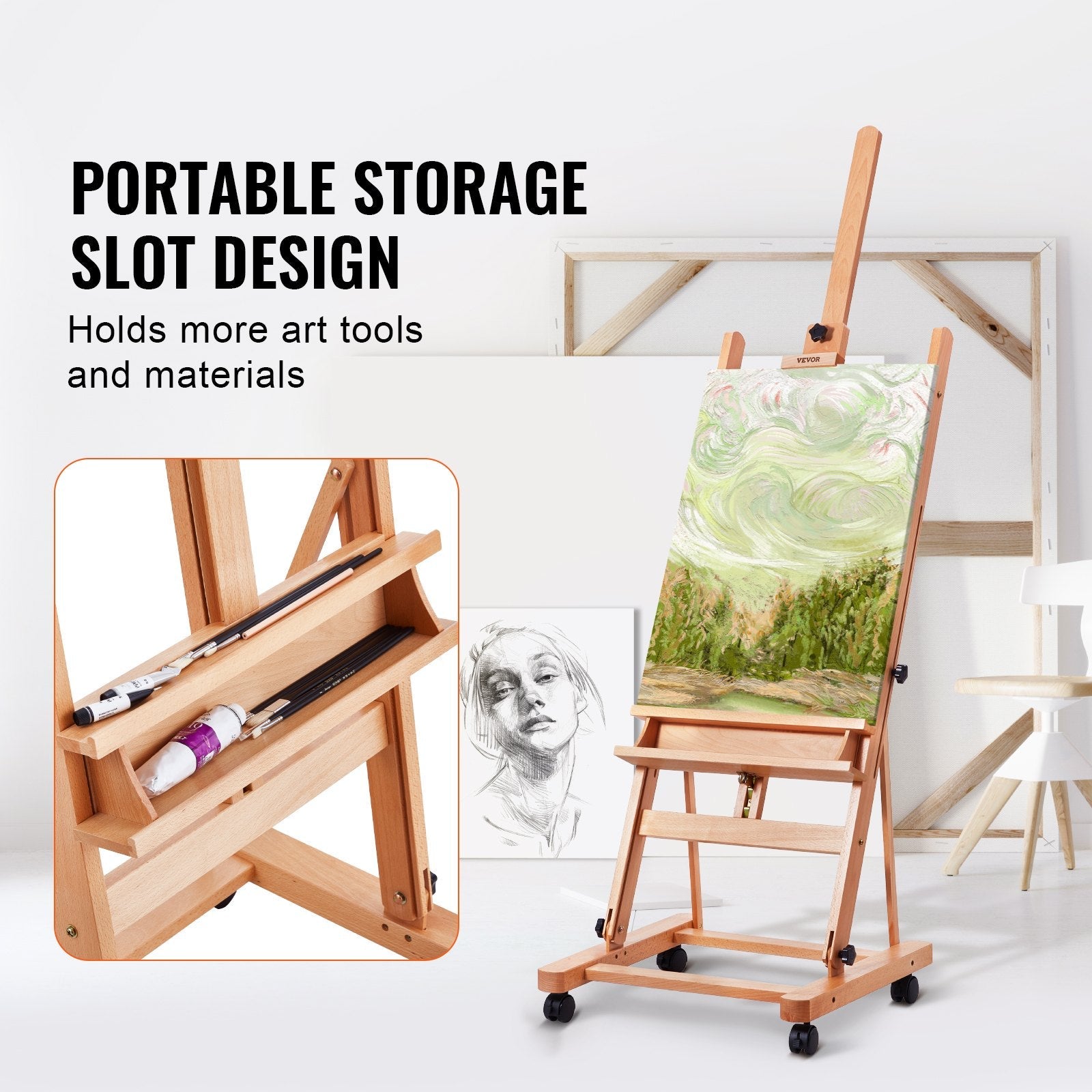 VEVOR Studio H-Frame Easel Holds Canvas Art up to 48" Beechwood Artists Easel 