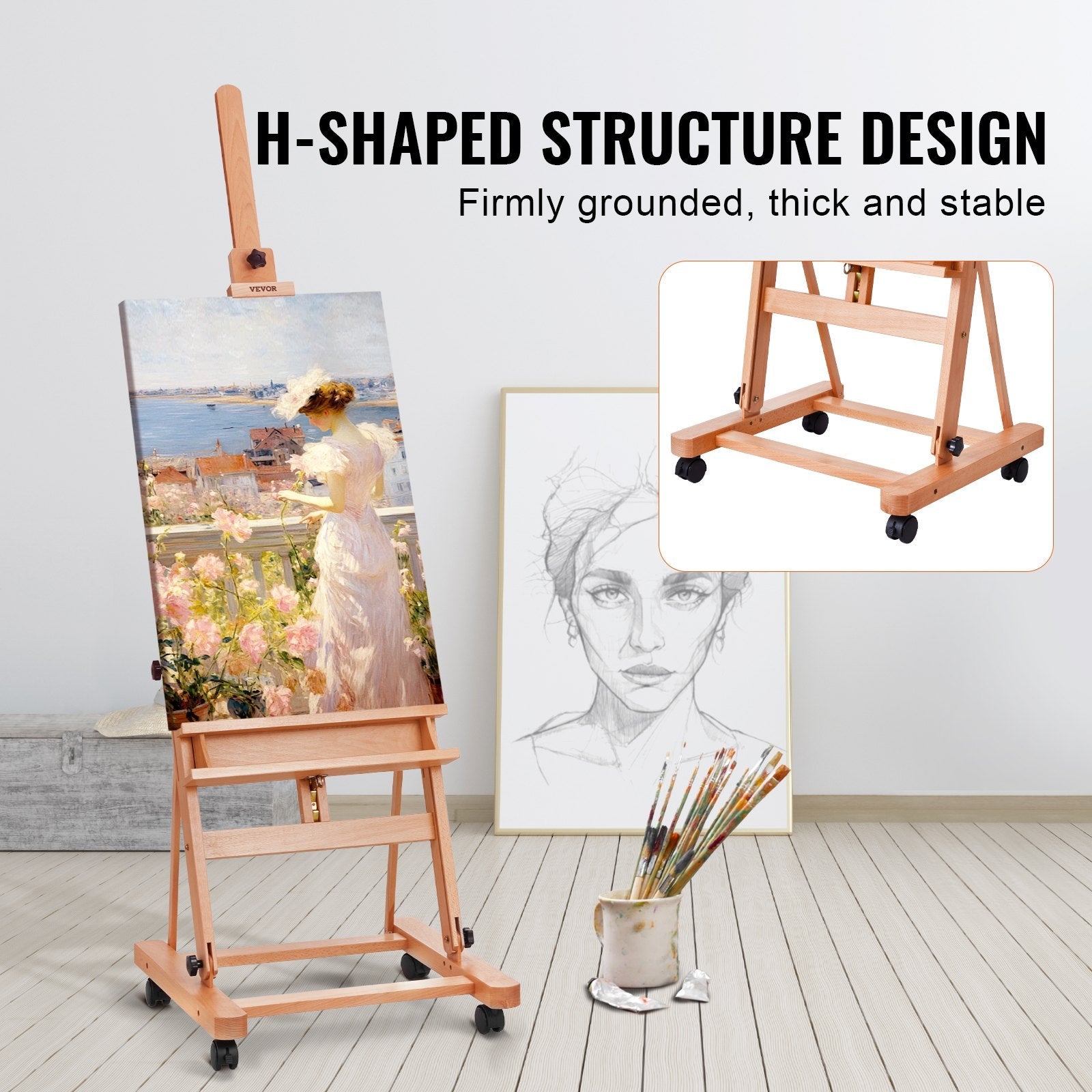 VEVOR Studio H-Frame Easel Holds Canvas Art up to 48" Beechwood Artists Easel 