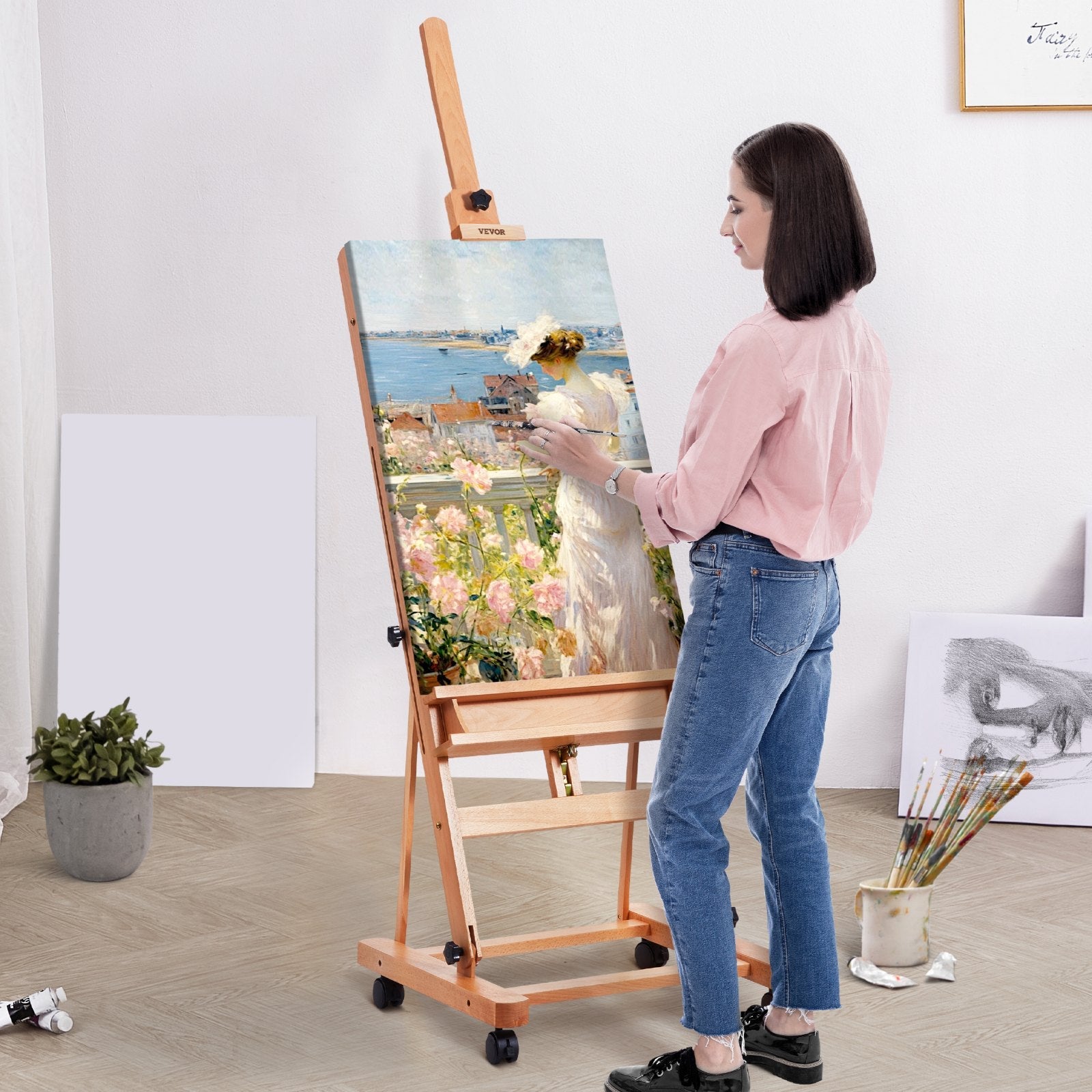 VEVOR Studio H-Frame Easel Holds Canvas Art up to 48" Beechwood Artists Easel 