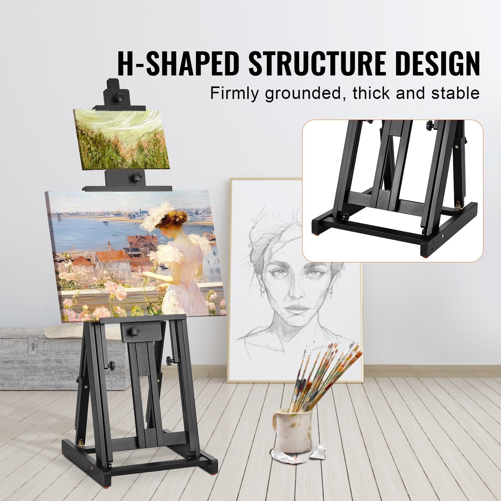 VEVOR Studio H-Frame Easel Holds Canvas Art up to 77" Beechwood Artists Easel 