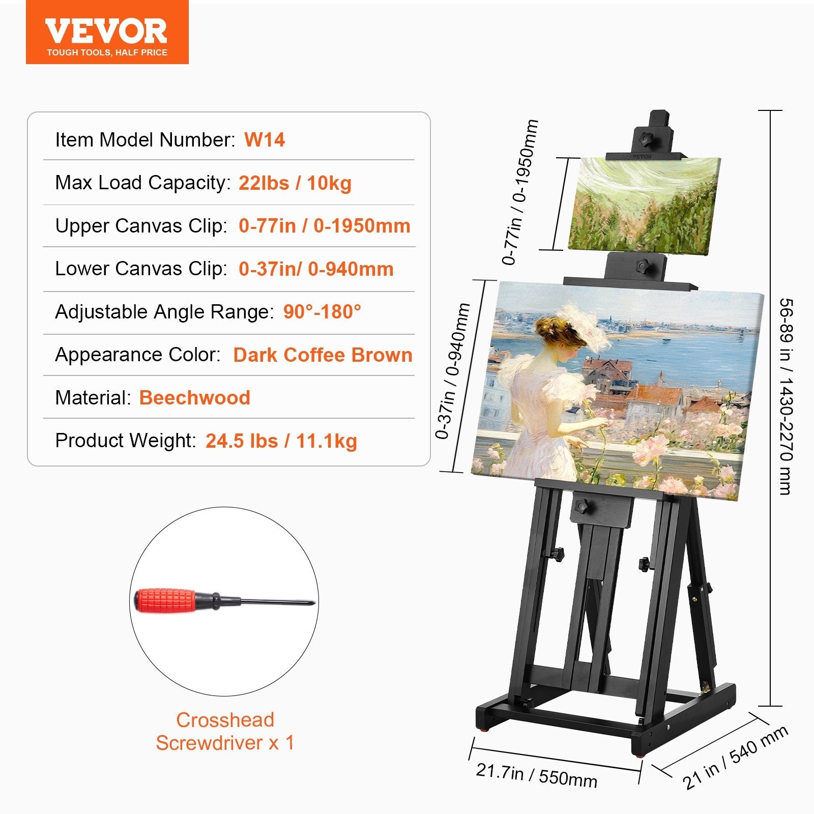 VEVOR Studio H-Frame Easel Holds Canvas Art up to 77" Beechwood Artists Easel 