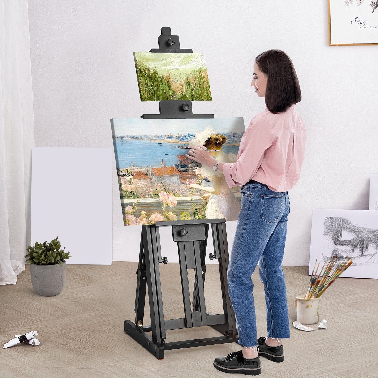 VEVOR Studio H-Frame Easel Holds Canvas Art up to 77" Beechwood Artists Easel 