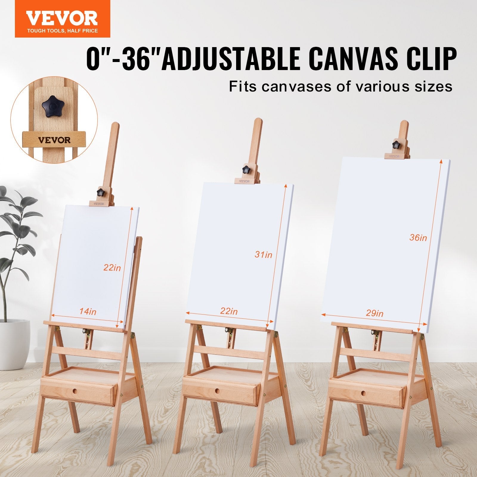 VEVOR Studio H-Frame Easel Holds Canvas Art up to 36" Beechwood Artists Easel 