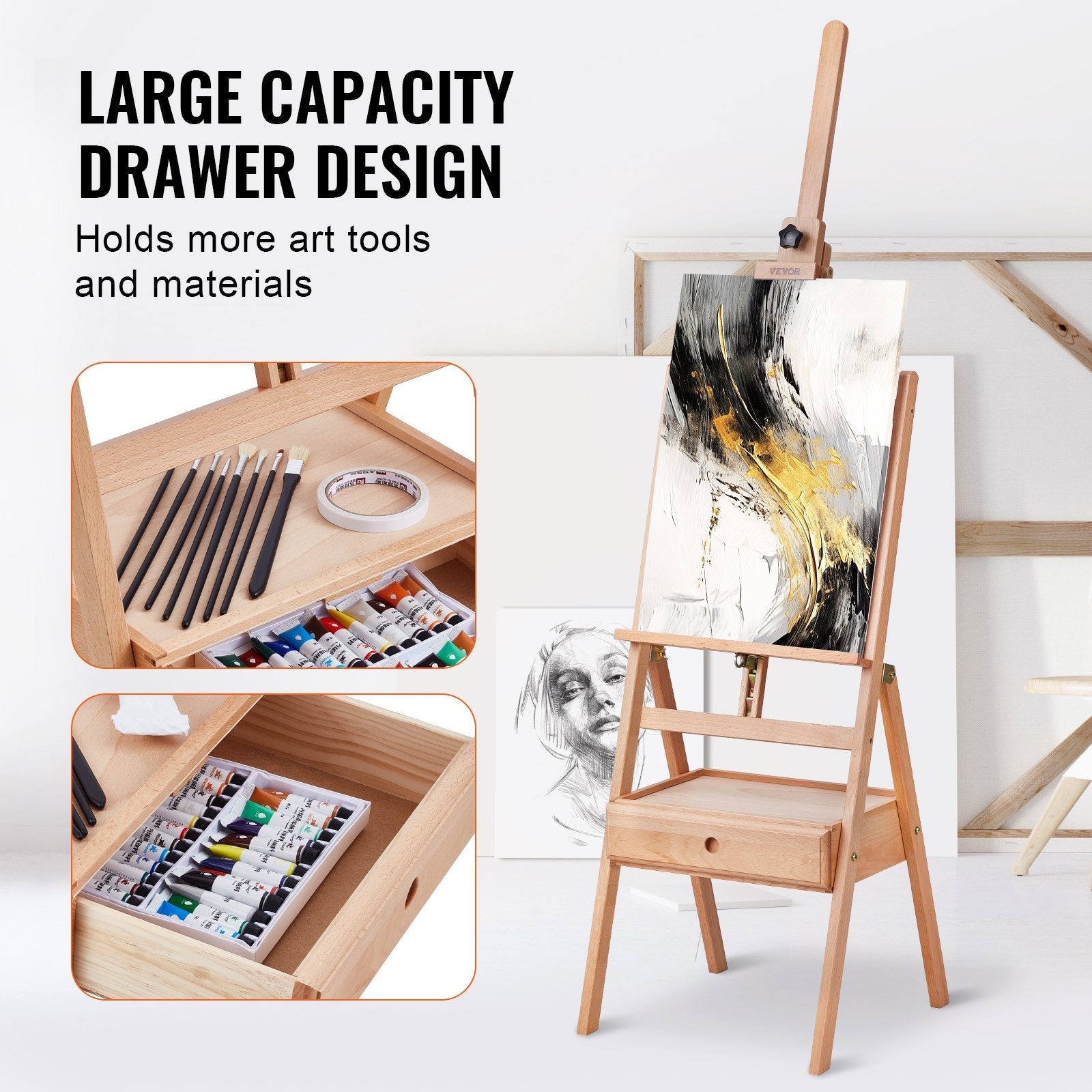 VEVOR Studio H-Frame Easel Holds Canvas Art up to 36" Beechwood Artists Easel 