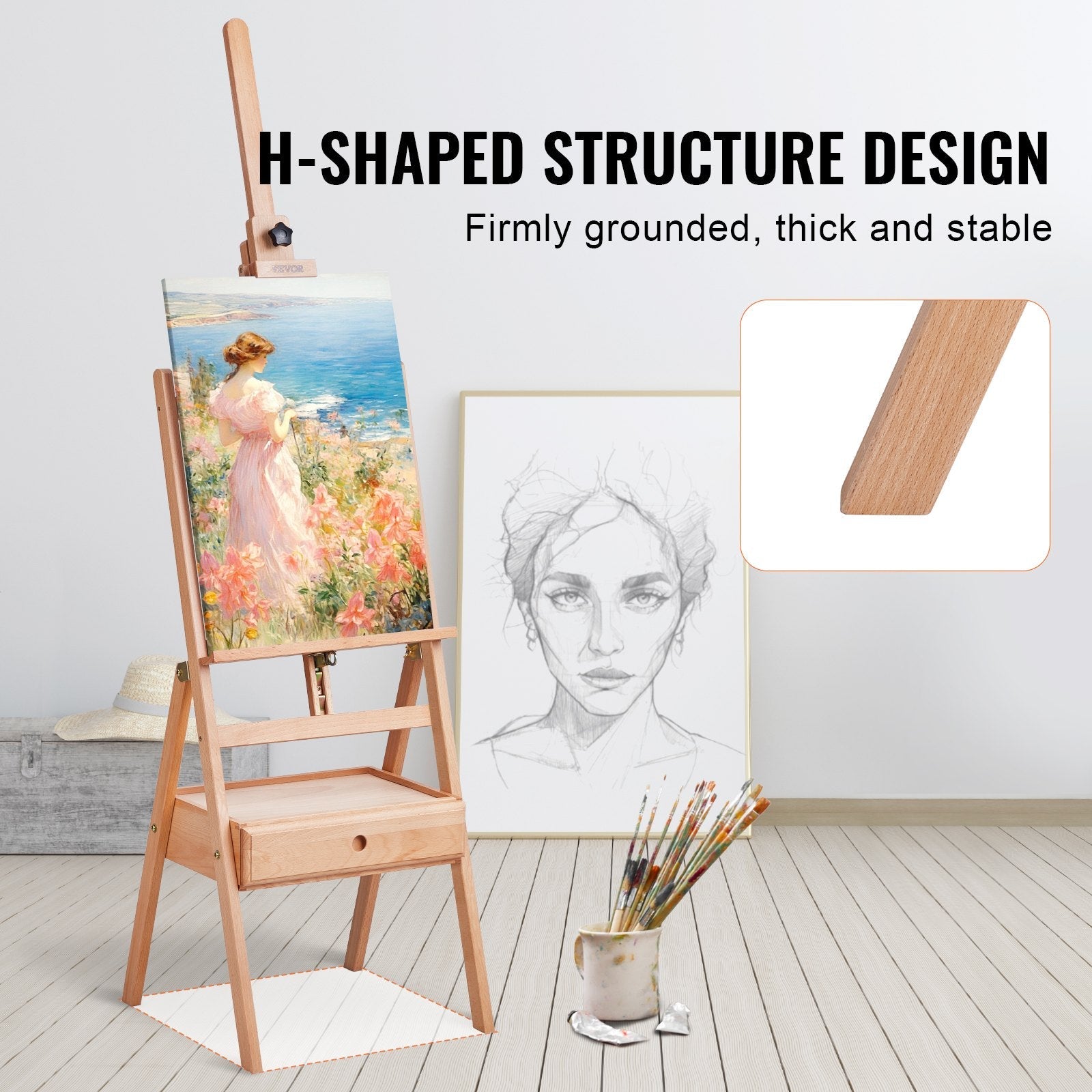 VEVOR Studio H-Frame Easel Holds Canvas Art up to 36" Beechwood Artists Easel 