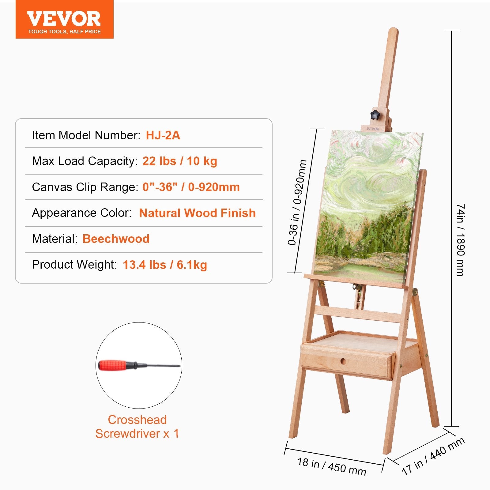 VEVOR Studio H-Frame Easel Holds Canvas Art up to 36" Beechwood Artists Easel 