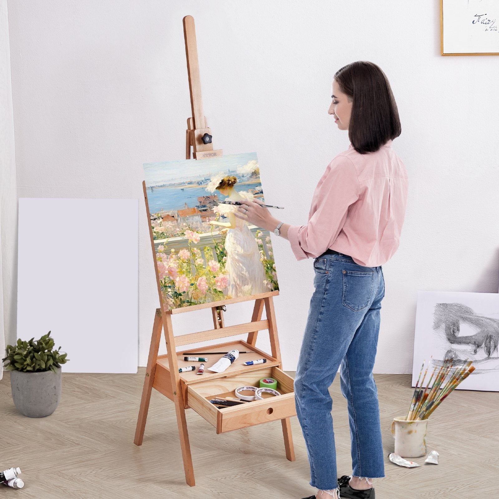 VEVOR Studio H-Frame Easel Holds Canvas Art up to 36" Beechwood Artists Easel 