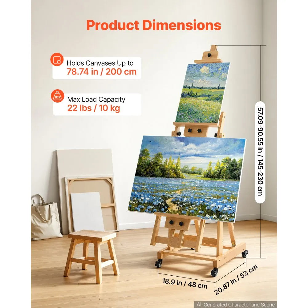 Studio H-Frame Art Easel for 1 or 2 Canvases up to 78.74" – Adjustable Beech Wood Easel with Swivel Wheels