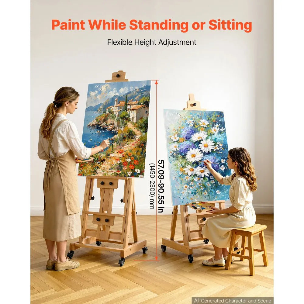 Studio H-Frame Art Easel for 1 or 2 Canvases up to 78.74" – Adjustable Beech Wood Easel with Swivel Wheels