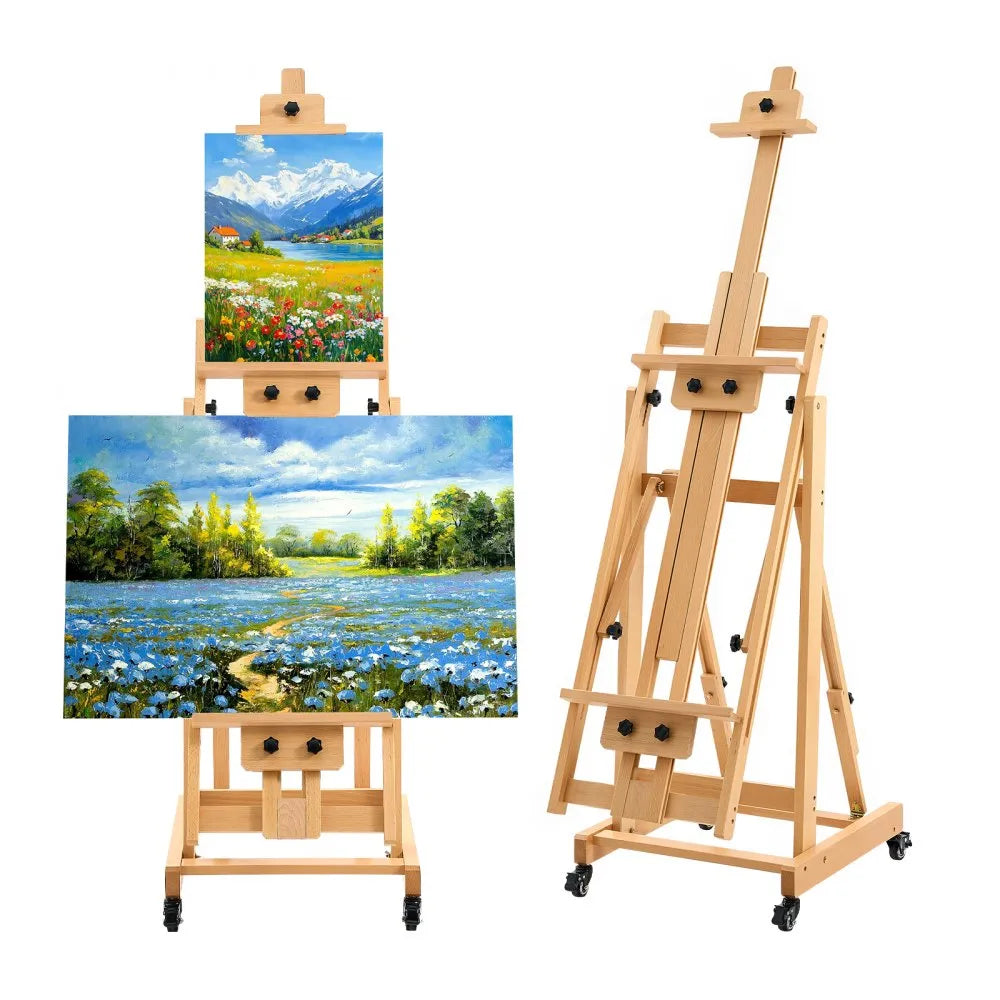 Studio H-Frame Art Easel for 1 or 2 Canvases up to 78.74" – Adjustable Beech Wood Easel with Swivel Wheels