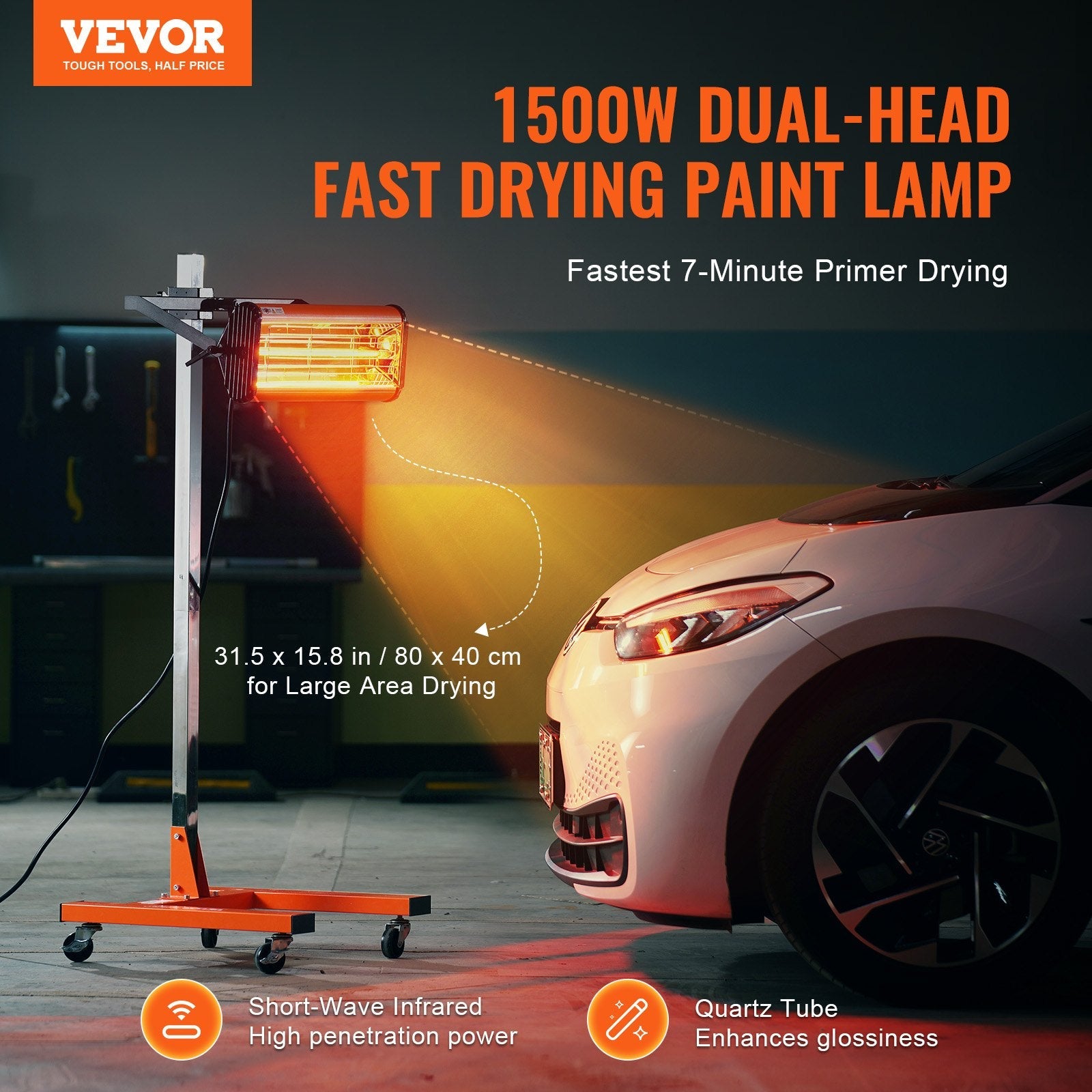 VEVOR Infrared Curing Lamp, 1500W 1-60 min Timing, Auto Heating Car Curing Light with Bracket, 3.44 sq.ft Baking Area Spray Baking Booth Heaters, Paint Dryer for On-Site Repair, Engine Drying 
