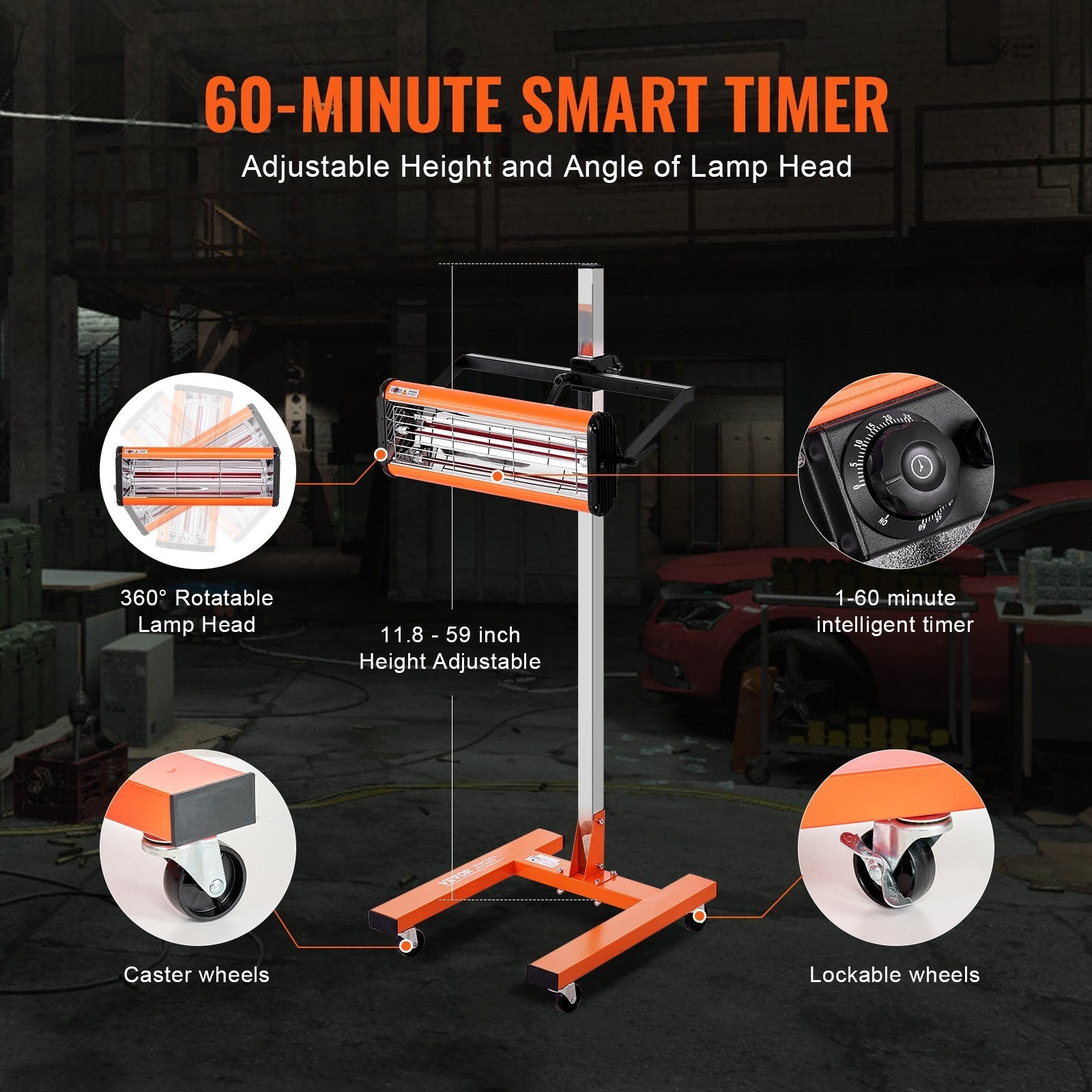 VEVOR Infrared Curing Lamp, 1500W 1-60 min Timing, Auto Heating Car Curing Light with Bracket, 3.44 sq.ft Baking Area Spray Baking Booth Heaters, Paint Dryer for On-Site Repair, Engine Drying 