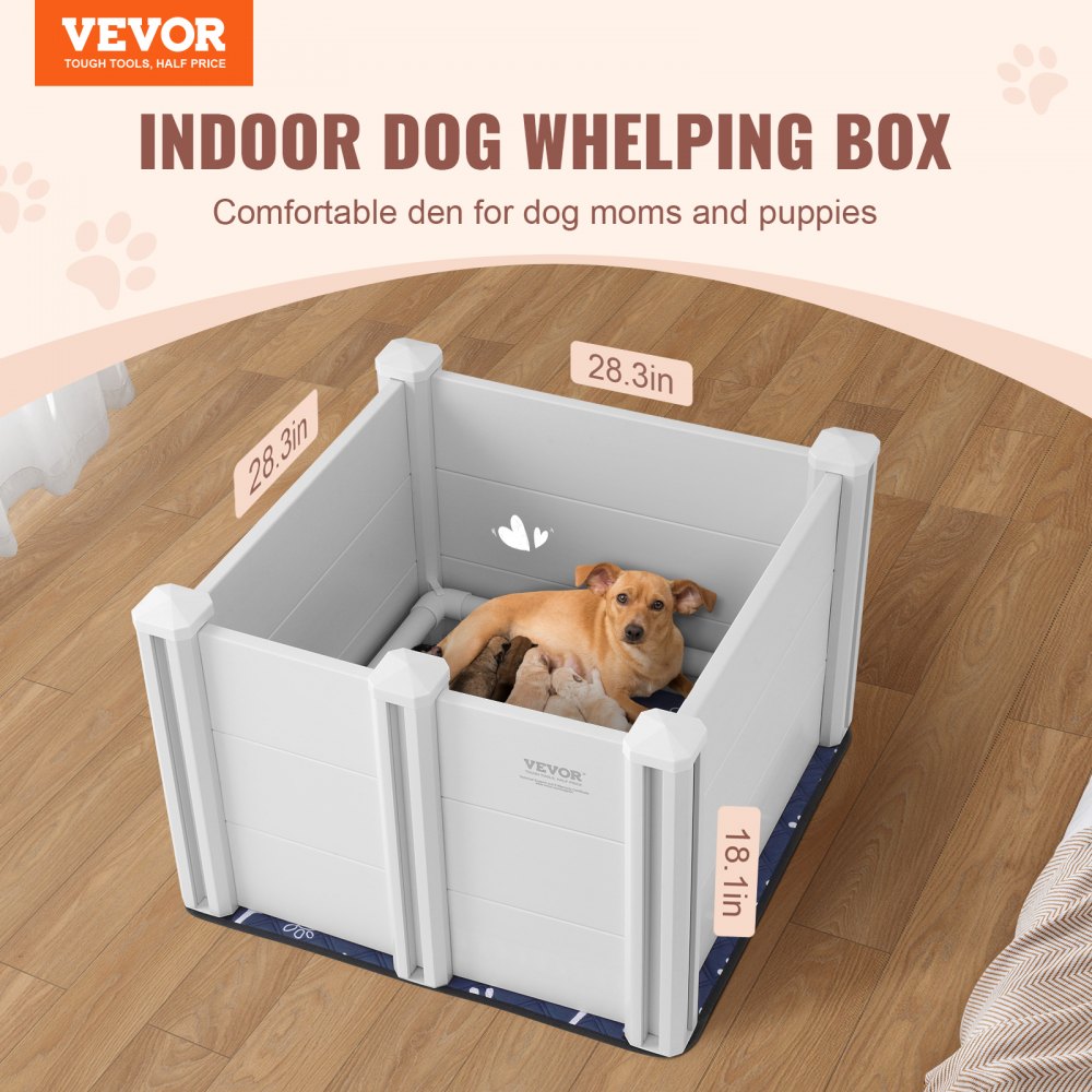 VEVOR Dog Whelping Box 28.3x28.3x18.1in PVC with Rails Pee Pad for Dogs Puppies 