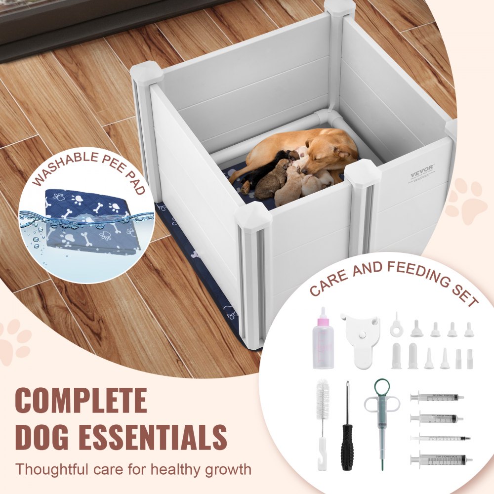 VEVOR Dog Whelping Box 28.3x28.3x18.1in PVC with Rails Pee Pad for Dogs Puppies 