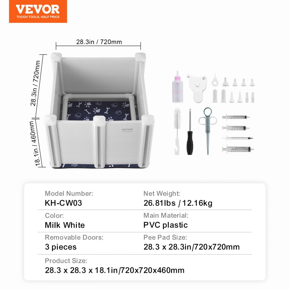 VEVOR Dog Whelping Box 28.3x28.3x18.1in PVC with Rails Pee Pad for Dogs Puppies 