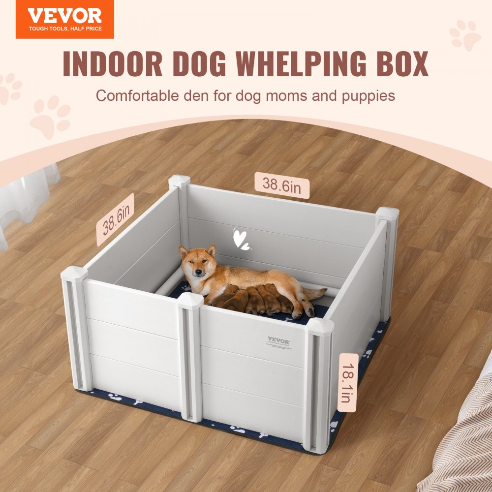 VEVOR Dog Whelping Box 38.6x38.6x18.1in PVC with Rails Pee Pad for Dogs Puppies 