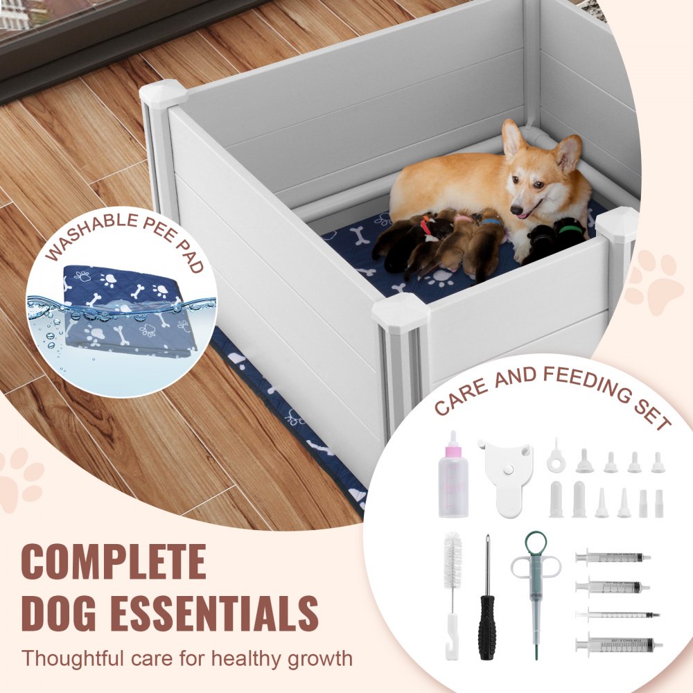 VEVOR Dog Whelping Box 38.6x38.6x18.1in PVC with Rails Pee Pad for Dogs Puppies 